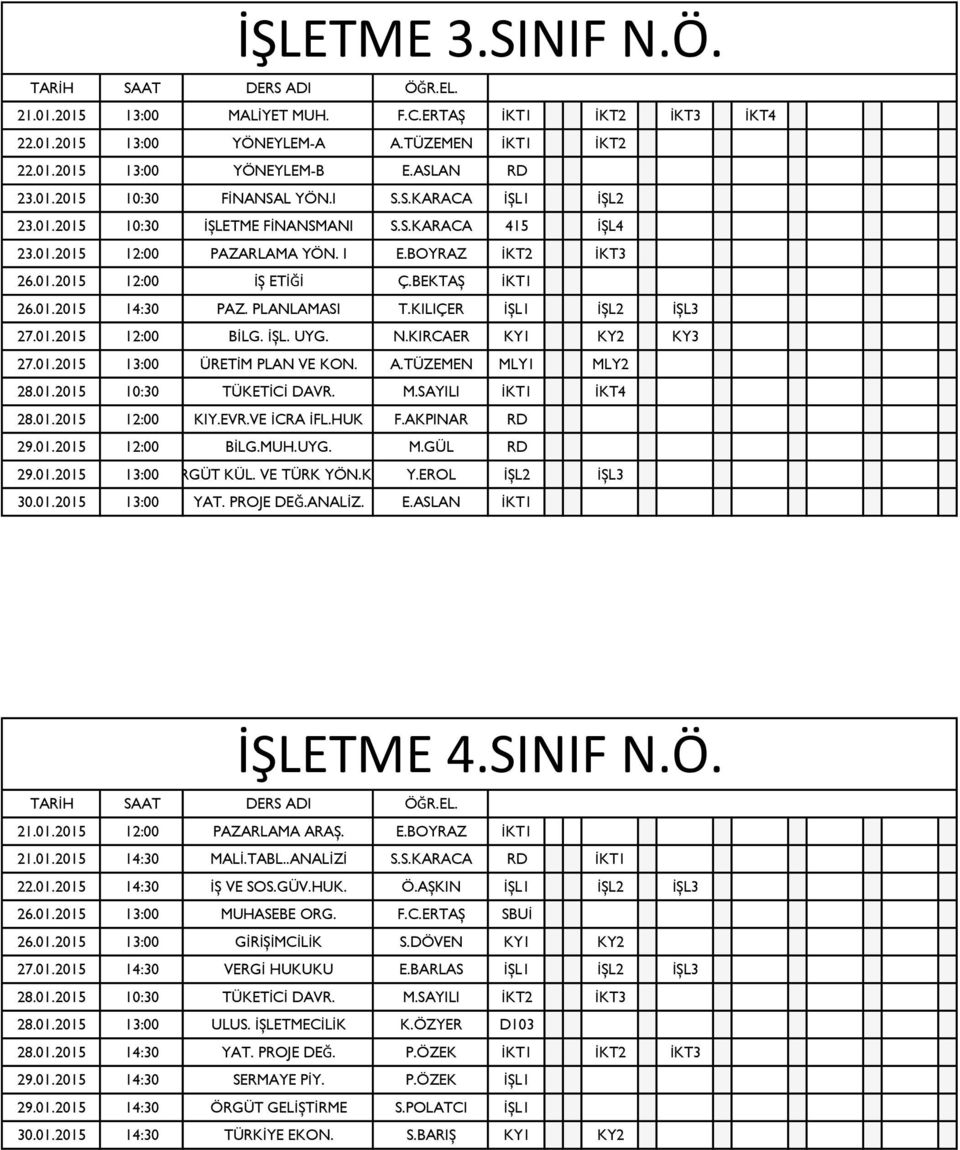 PLANLAMASI T.KILIÇER İŞL1 İŞL2 İŞL3 27.01.2015 12:00 BİLG. İŞL. UYG. N.KIRCAER KY1 KY2 KY3 27.01.2015 13:00 ÜRETİM PLAN VE KON. A.TÜZEMEN MLY1 MLY2 28.01.2015 10:30 TÜKETİCİ DAVR. M.SAYILI İKT1 İKT4 28.