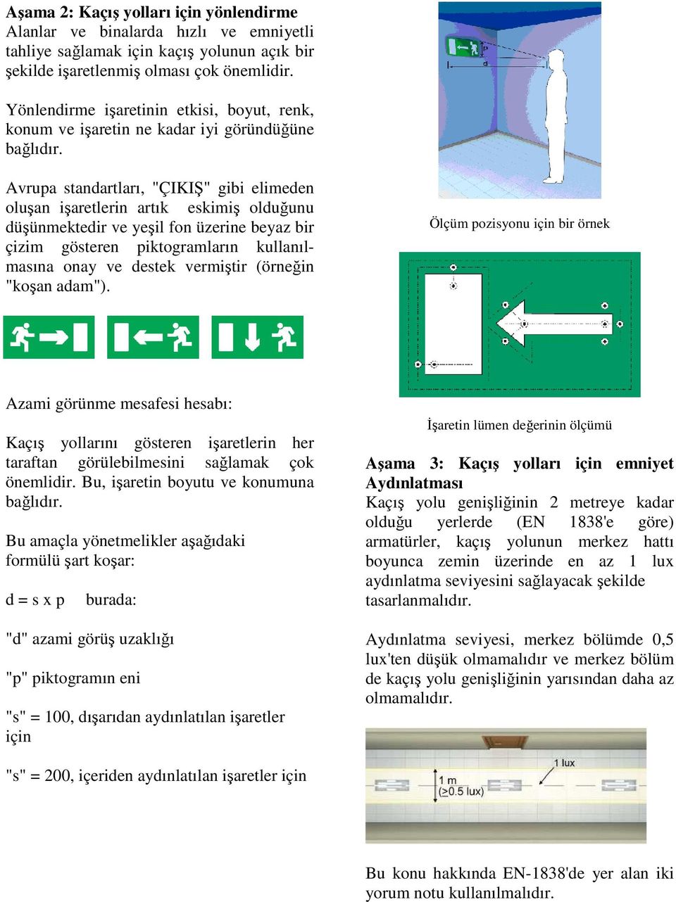 Avrupa standartları, "ÇIKIŞ" gibi elimeden oluşan işaretlerin artık eskimiş olduğunu düşünmektedir ve yeşil fon üzerine beyaz bir çizim gösteren piktogramların kullanılmasına onay ve destek vermiştir