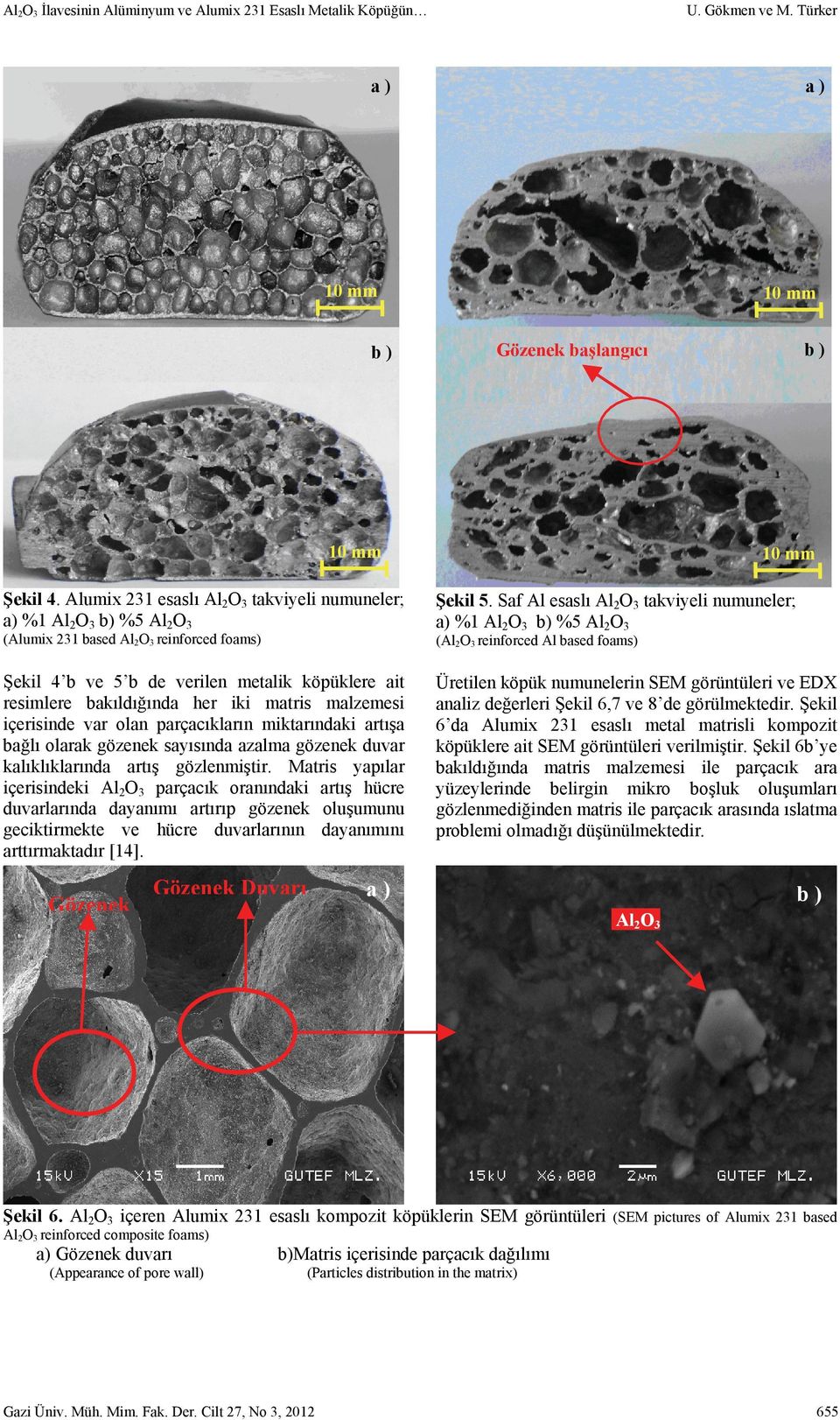 Saf Al esaslı Al2O3 takviyeli numuneler; a) %1 Al2O3 b) %5 Al2O3 (Al2O3 reinforced Al based foams) Şekil 4 b ve 5 b de verilen metalik köpüklere ait resimlere bakıldığında her iki matris malzemesi