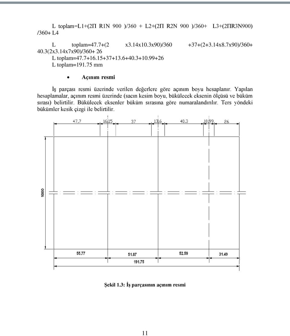 75 mm Açınım resmi ĠĢ parçası resmi üzerinde verilen değerlere göre açınım boyu hesaplanır.