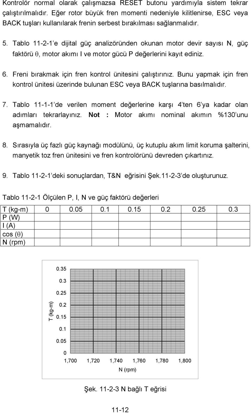 Tablo 11-2-1 e dijital güç analizöründen okunan motor devir sayısı N, güç faktörü θ, motor akımı I ve motor gücü P değerlerini kayıt ediniz. 6. Freni bırakmak için fren kontrol ünitesini çalıştırınız.