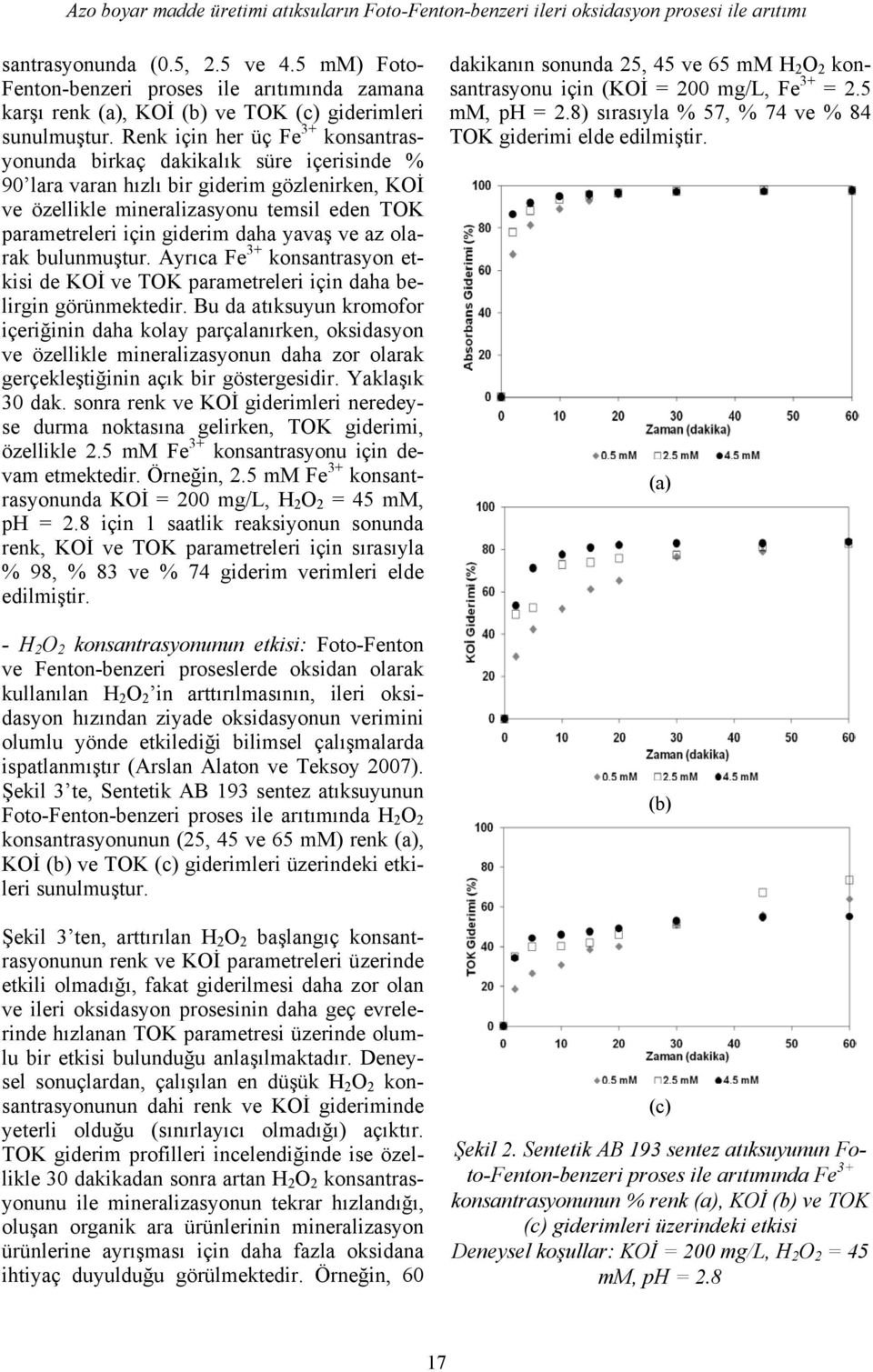 Renk için her üç Fe 3+ konsantrasyonunda birkaç dakikalık süre içerisinde % 90 lara varan hızlı bir giderim gözlenirken, KOİ ve özellikle mineralizasyonu temsil eden TOK parametreleri için giderim