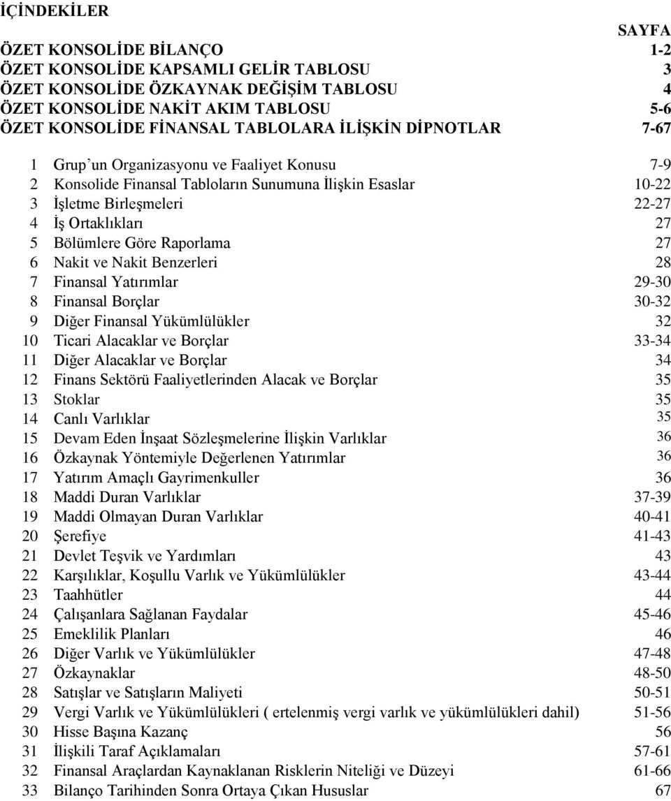 Finansal Yatırımlar 29-30 8 Finansal Borçlar 30-32 9 Diğer Finansal Yükümlülükler 32 10 Ticari Alacaklar ve Borçlar 33-34 11 Diğer Alacaklar ve Borçlar 34 12 Finans Sektörü Faaliyetlerinden Alacak ve