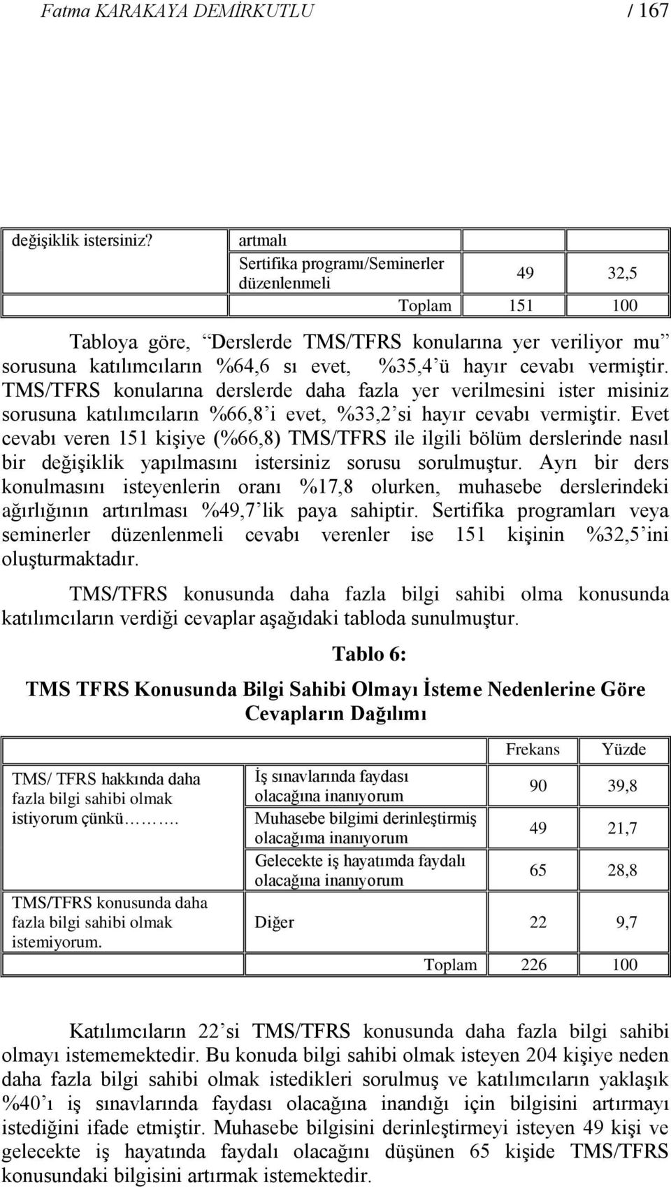 vermiştir. TMS/TFRS konularına derslerde daha fazla yer verilmesini ister misiniz sorusuna katılımcıların %66,8 i evet, %33,2 si hayır cevabı vermiştir.