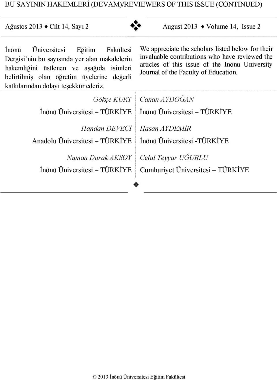 Gökçe KURT İnönü Üniversitesi TÜRKİYE Handan DEVECİ Anadolu Üniversitesi TÜRKİYE Numan Durak AKSOY İnönü Üniversitesi TÜRKİYE We appreciate the scholars listed below for their invaluable