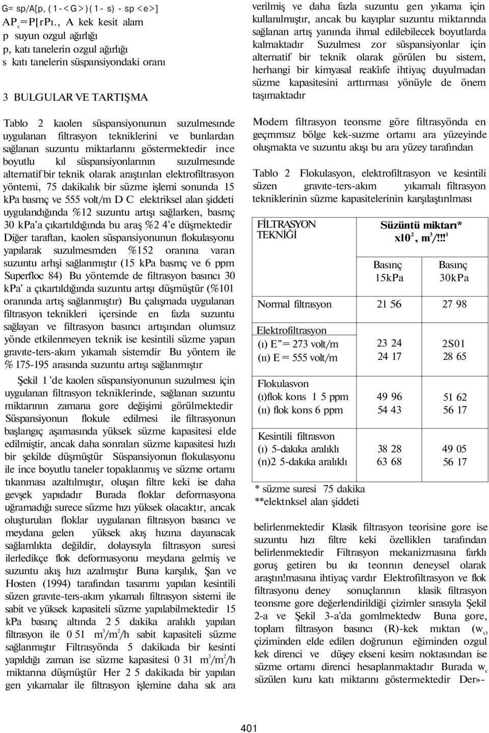 filtrasyon tekniklerini ve bunlardan sağlanan suzuntu miktarlarını göstermektedir ince boyutlu kıl süspansiyonlarının suzulmesınde alternatif bir teknik olarak araştırılan elektrofiltrasyon yöntemi,