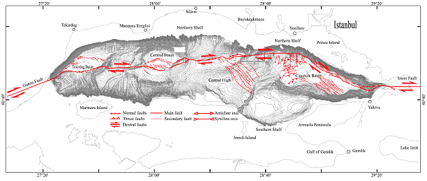 (2002, 2005) e göre çek-ayır sistemini de içeren Ganos ve Izmit yanal atımlı ile Çınarcık çukurundaki normal faylanma ile karmaşık bir yapı gözükmektedir (Şekil 4). Şekil 3. Le Pichon vd.