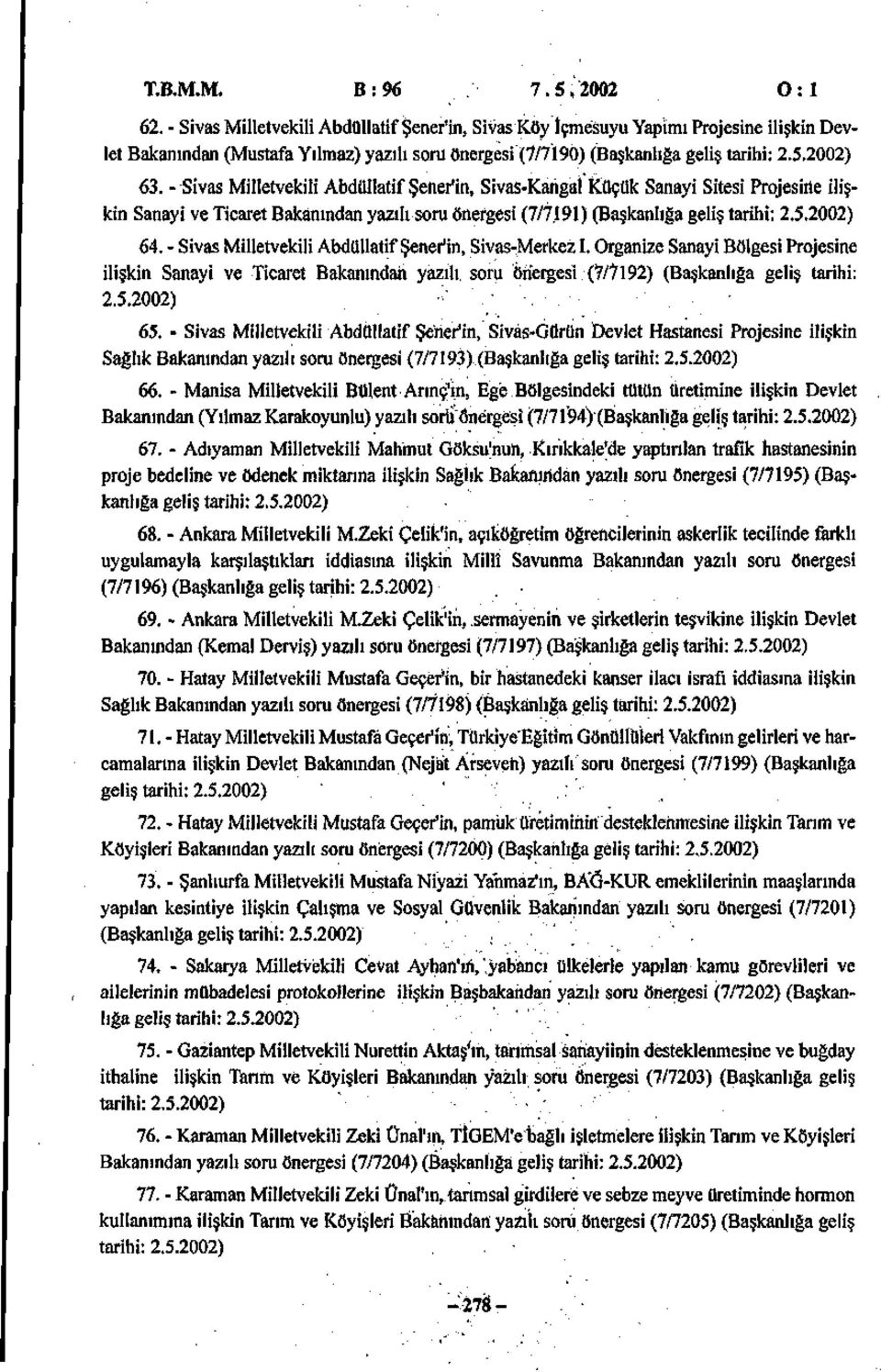 - Sivas Milletvekili Abdüllatif Şener'in, Sivas-Kangaİ Küçük Sanayi Sitesi Projesine ilişkin Sanayi ve Ticaret Bakanından yazılı soru önergesi (7/7.191) (Başkanlığa geliş tarihi: 2.5.2002) 64.