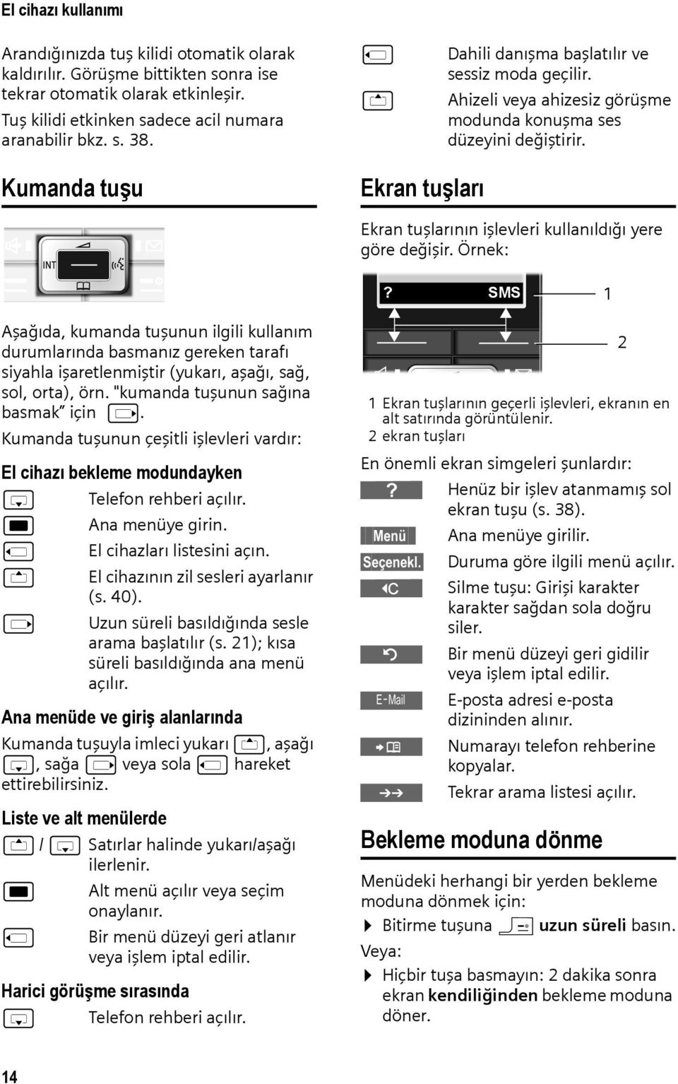 Kumanda tuşu Ekran tuşları Ekran tuşlarının işlevleri kullanıldığı yere göre değişir. Örnek:?