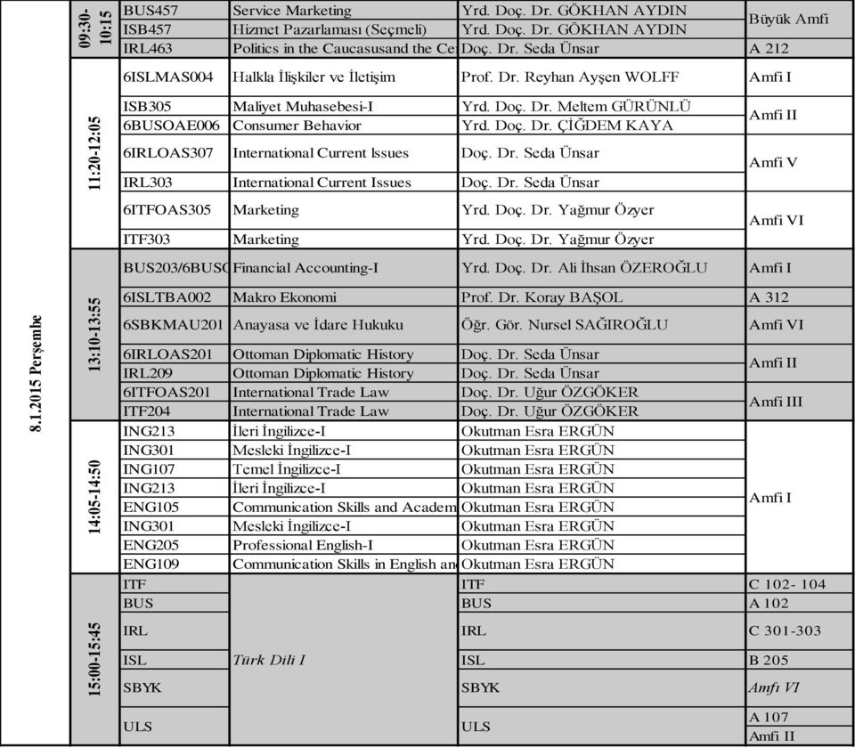 Dr. Seda Ünsar IRL303 International Current Issues Doç. Dr. Seda Ünsar 6ITFOAS305 Marketing Yrd. Doç. Dr. Yağmur Özyer ITF303 Marketing Yrd. Doç. Dr. Yağmur Özyer I BUS203/6BUSOFinancial Accounting-I Yrd.