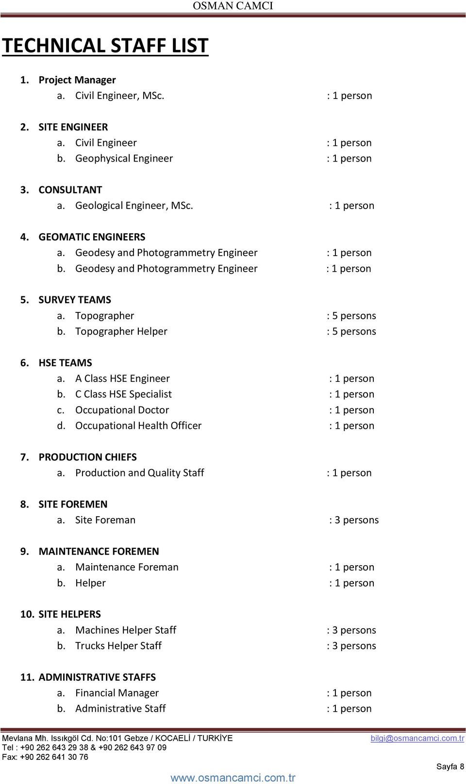 Topographer : 5 persons b. Topographer Helper : 5 persons 6. HSE TEAMS a. A Class HSE Engineer : 1 person b. C Class HSE Specialist : 1 person c. Occupational Doctor : 1 person d.