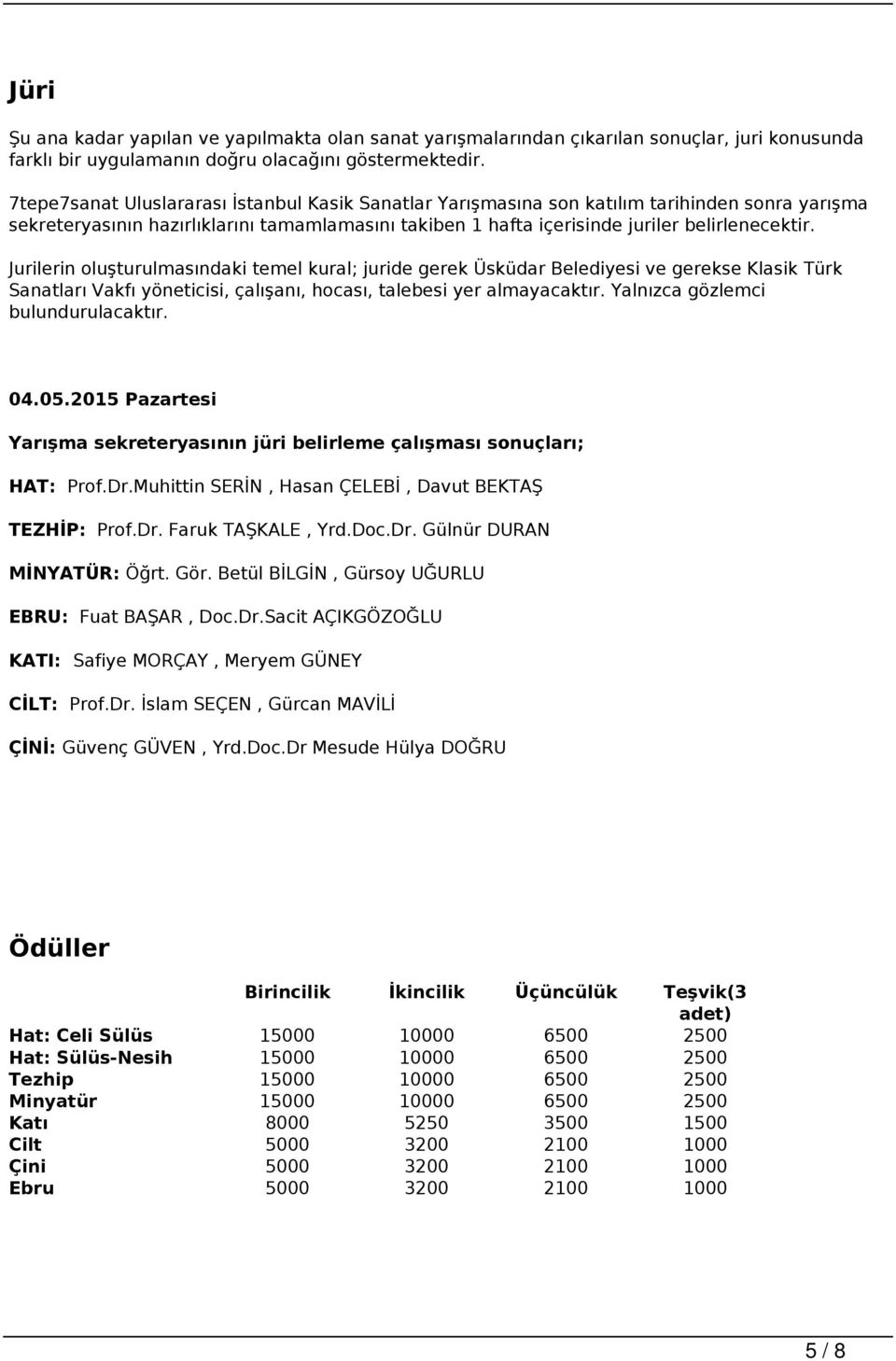 Jurilerin oluşturulmasındaki temel kural; juride gerek Üsküdar Belediyesi ve gerekse Klasik Türk Sanatları Vakfı yöneticisi, çalışanı, hocası, talebesi yer almayacaktır.