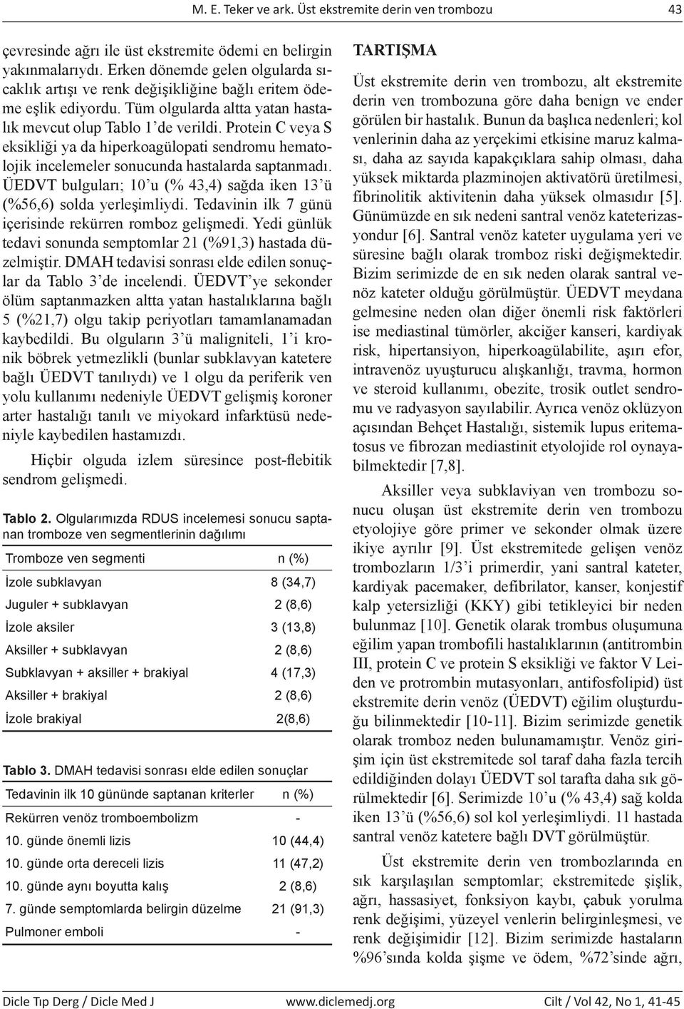 Protein C veya S eksikliği ya da hiperkoagülopati sendromu hematolojik incelemeler sonucunda hastalarda saptanmadı. ÜEDVT bulguları; 10 u (% 43,4) sağda iken 13 ü (%56,6) solda yerleşimliydi.