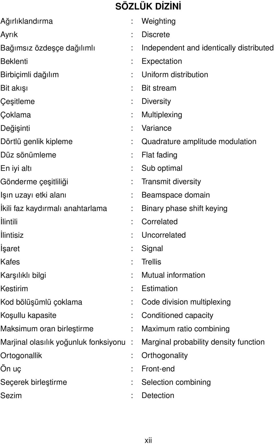 Gönderme çeşitliliği : Transmit diversity Işın uzayı etki alanı : Beamspace domain İkili faz kaydırmalı anahtarlama : Binary phase shift keying İlintili : Correlated İlintisiz : Uncorrelated İşaret :