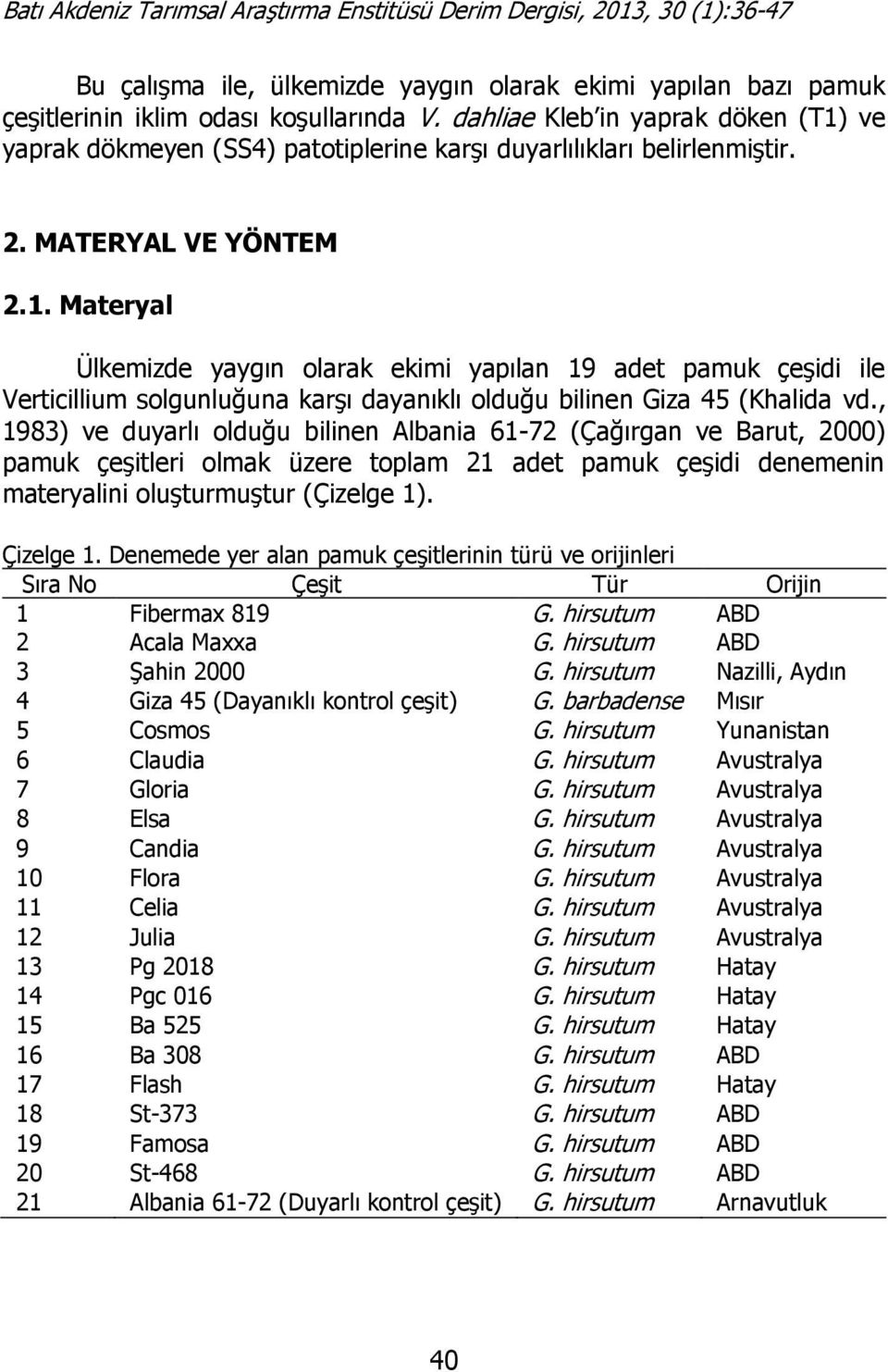 , 1983) ve duyarlı olduğu bilinen Albania 61-72 (Çağırgan ve Barut, 2000) pamuk çeşitleri olmak üzere toplam 21 adet pamuk çeşidi denemenin materyalini oluşturmuştur (Çizelge 1). Çizelge 1.