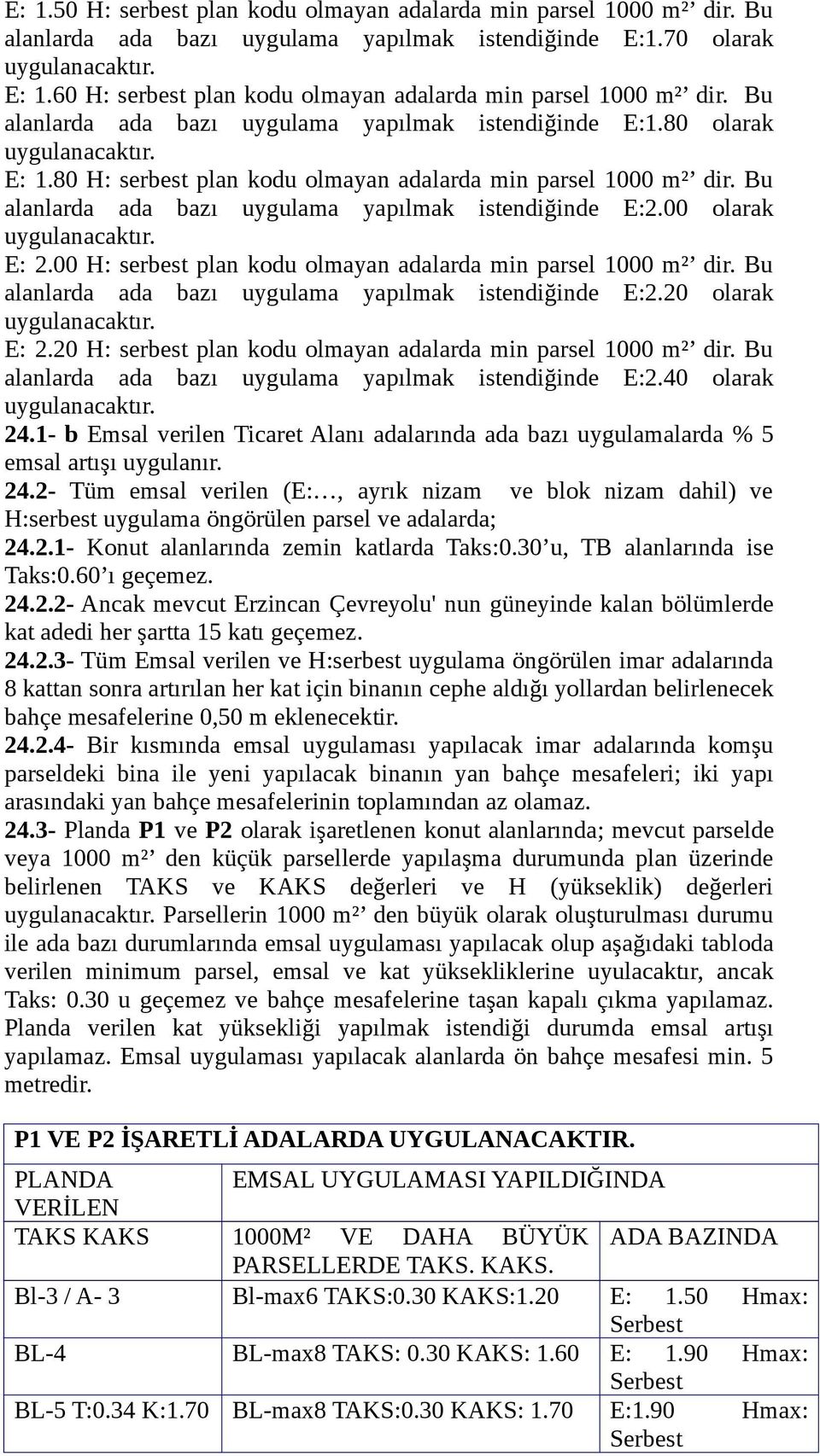 80 H: serbest plan kodu olmayan adalarda min parsel 1000 m² dir. Bu alanlarda ada bazı uygulama yapılmak istendiğinde E:2.00 olarak E: 2.