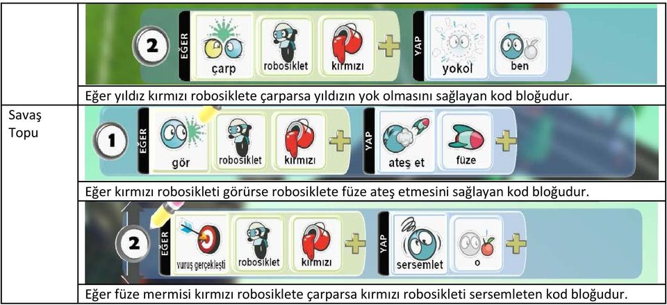 Eğer kırmızı robosikleti görürse robosiklete füze ateş etmesini