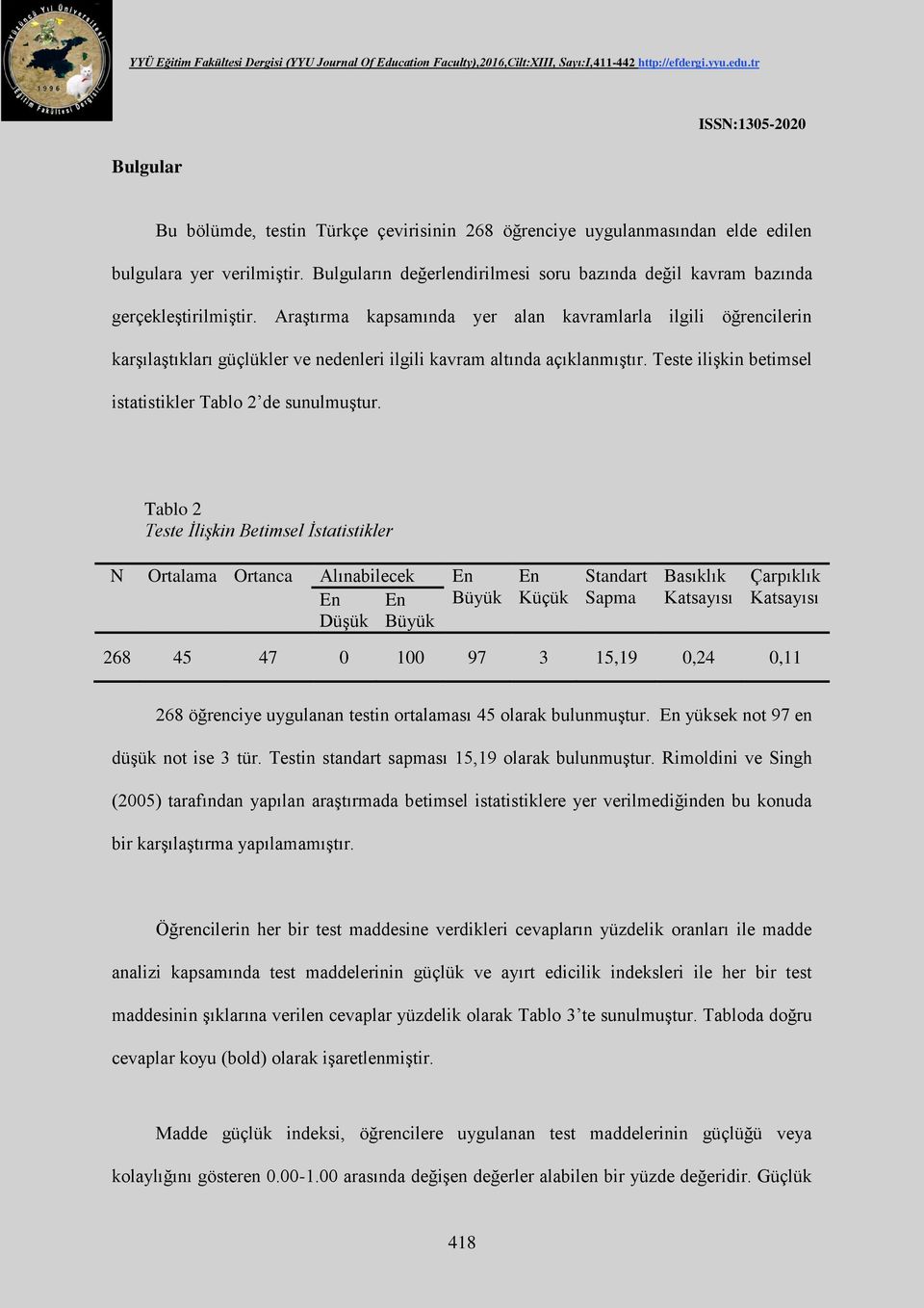 Tablo 2 Teste İlişkin Betimsel İstatistikler N Ortalama Ortanca Alınabilecek En En En Büyük Düşük Büyük En Küçük Standart Sapma Basıklık Katsayısı Çarpıklık Katsayısı 268 45 47 0 100 97 3 15,19 0,24