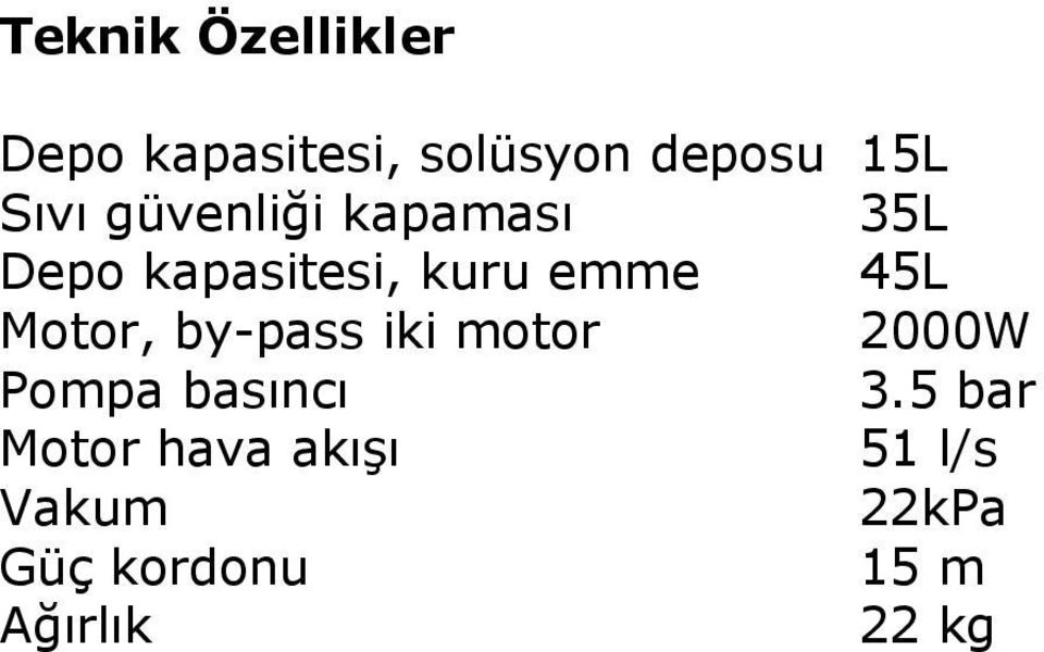 Motor, by-pass iki motor 2000W Pompa basıncı 3.