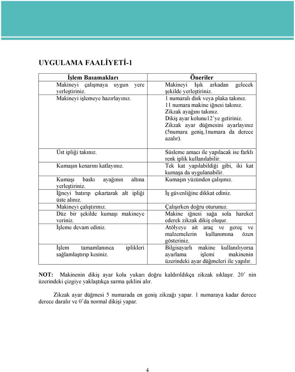 Zikzak ayar düğmesini ayarlayınız (5numara geniş,1numara da derece azalır). Üst ipliği takınız. Süsleme amacı ile yapılacak ise farklı renk iplik kullanılabilir. Kumaşın kenarını katlayınız.