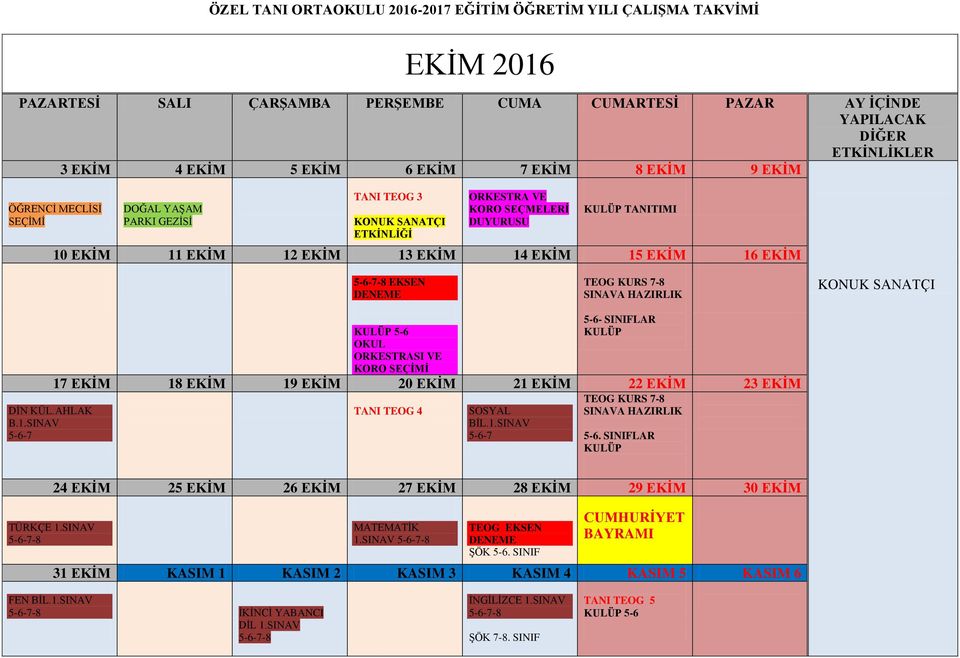 1.SINAV -7. SINIFLAR KULÜP TÜRKÇE 1.SINAV 24 EKİM 25 EKİM 26 EKİM 27 EKİM 28 EKİM 29 EKİM 30 EKİM MATEMATİK 1.SINAV EKSEN ŞÖK.