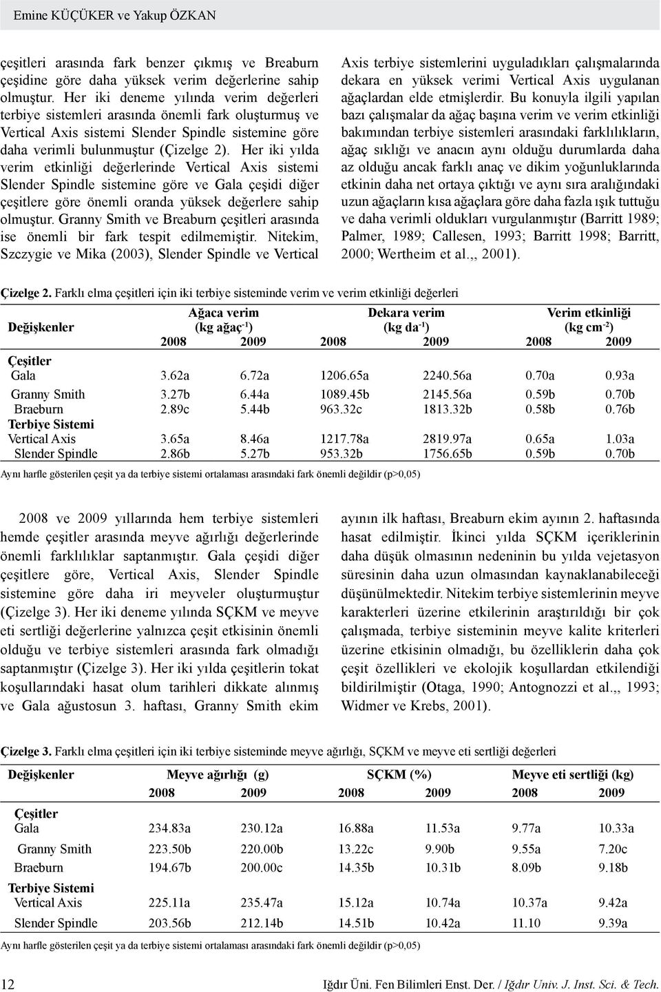 Her iki yılda verim etkinliği değerlerinde Vertical Axis sistemi Slender Spindle sistemine göre ve Gala çeşidi diğer çeşitlere göre önemli oranda yüksek değerlere sahip olmuştur.