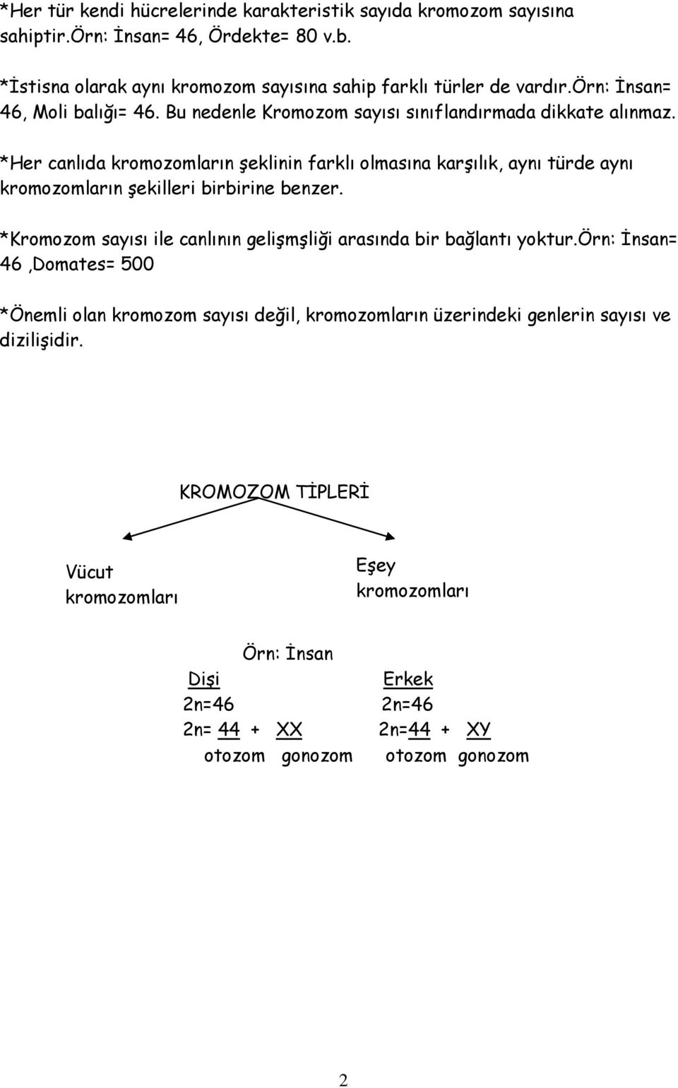 *Her canlıda kromozomların şeklinin farklı olmasına karşılık, aynı türde aynı kromozomların şekilleri birbirine benzer.