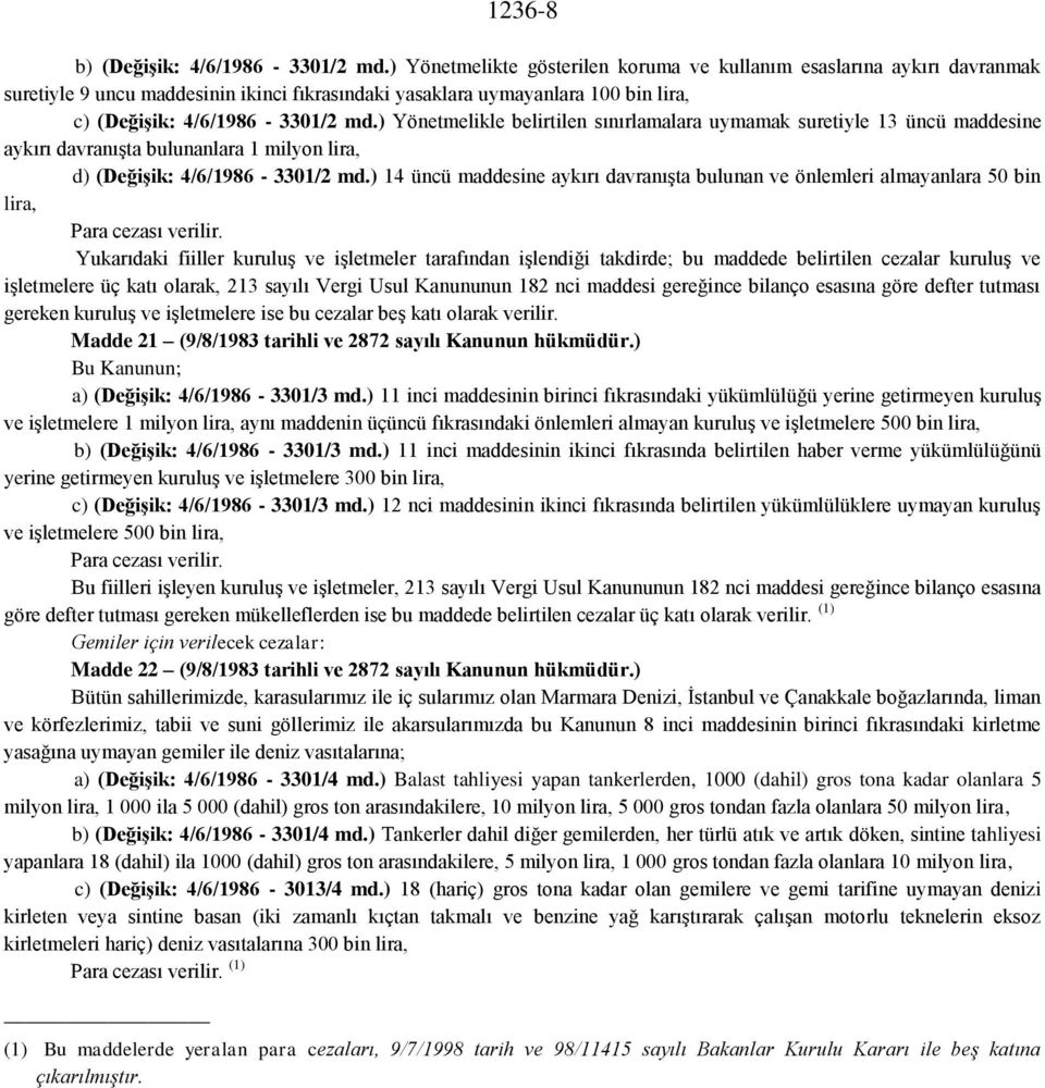 ) Yönetmelikle belirtilen sınırlamalara uymamak suretiyle 13 üncü maddesine aykırı davranışta bulunanlara 1 milyon lira, d) (Değişik: 4/6/1986-3301/2 md.