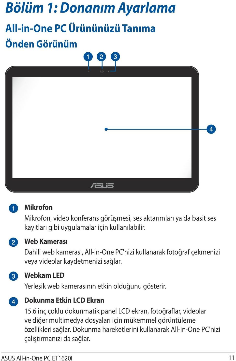 Web Kamerası Dahili web kamerası, All-in-One PC'nizi kullanarak fotoğraf çekmenizi veya videolar kaydetmenizi sağlar.