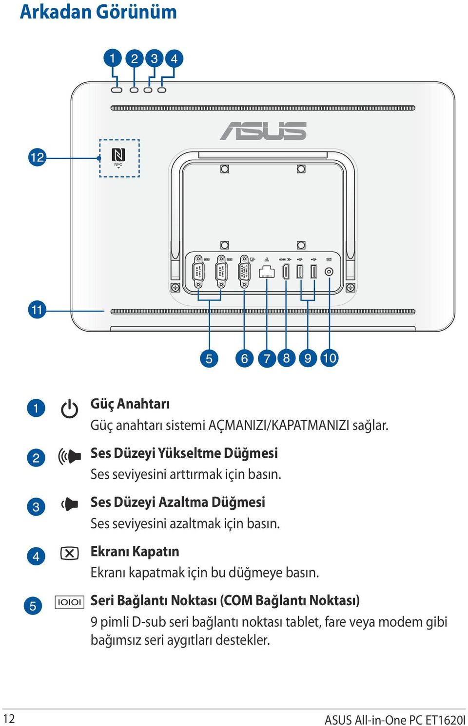 Ses Düzeyi Azaltma Düğmesi Ses seviyesini azaltmak için basın.