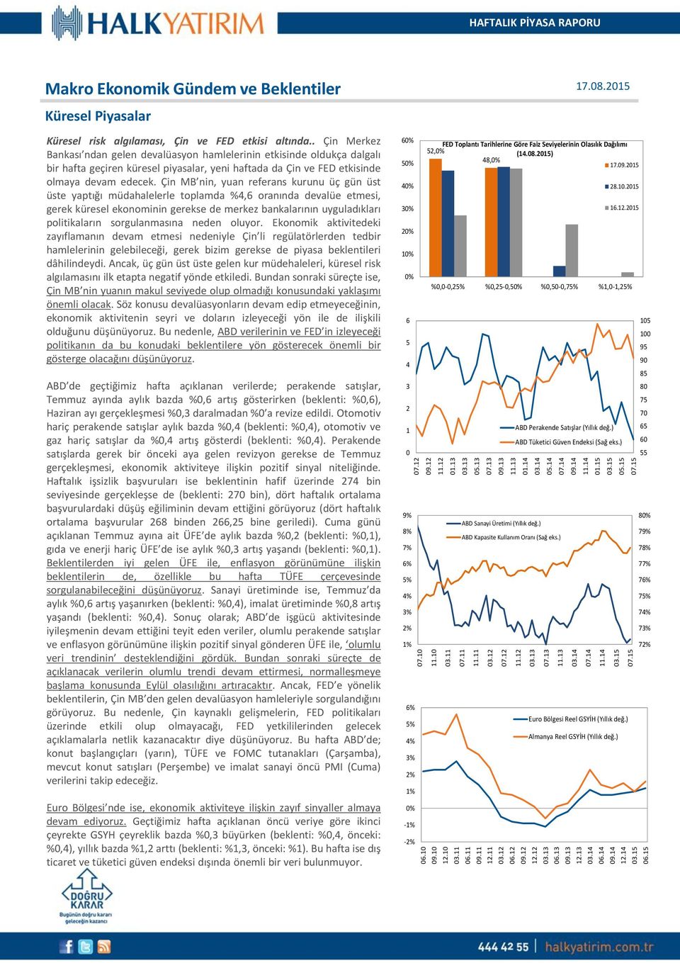 14 HAFTALIK PİYASA RAPORU Makro Ekonomik Gündem ve Beklentiler Küresel Piyasalar Küresel risk algılaması, Çin ve FED etkisi altında.