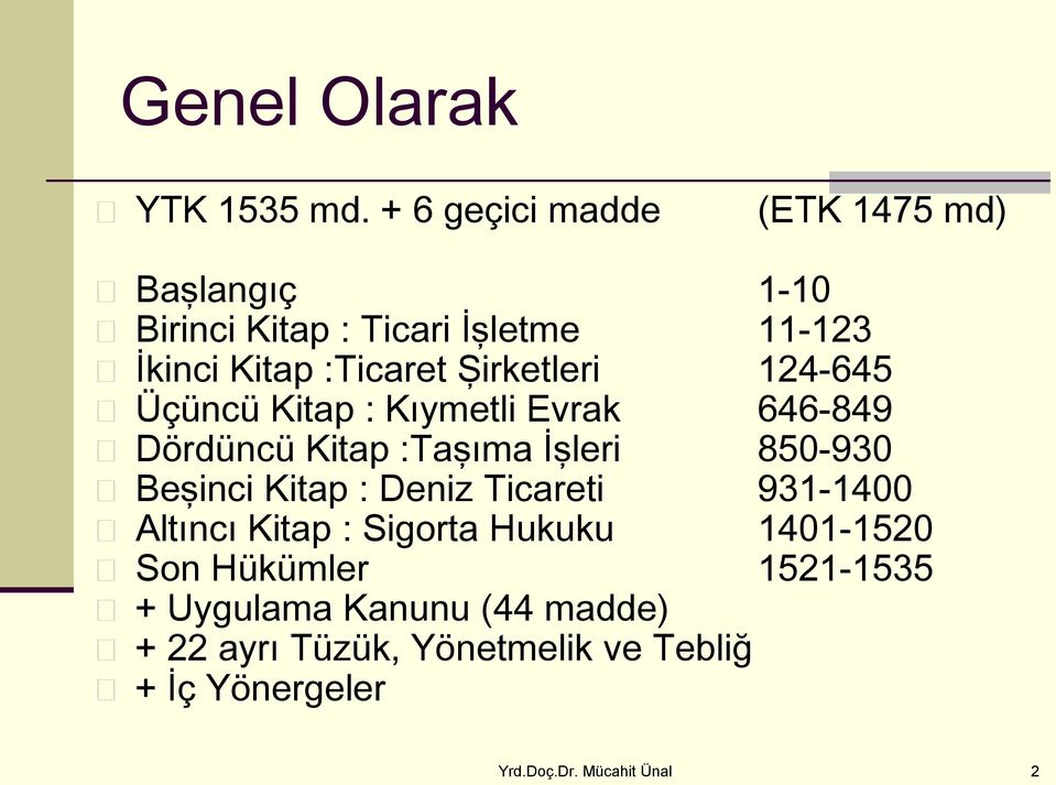 Şirketleri 124-645 Üçüncü Kitap : Kıymetli Evrak 646-849 Dördüncü Kitap :Taşıma İşleri 850-930 Beşinci Kitap