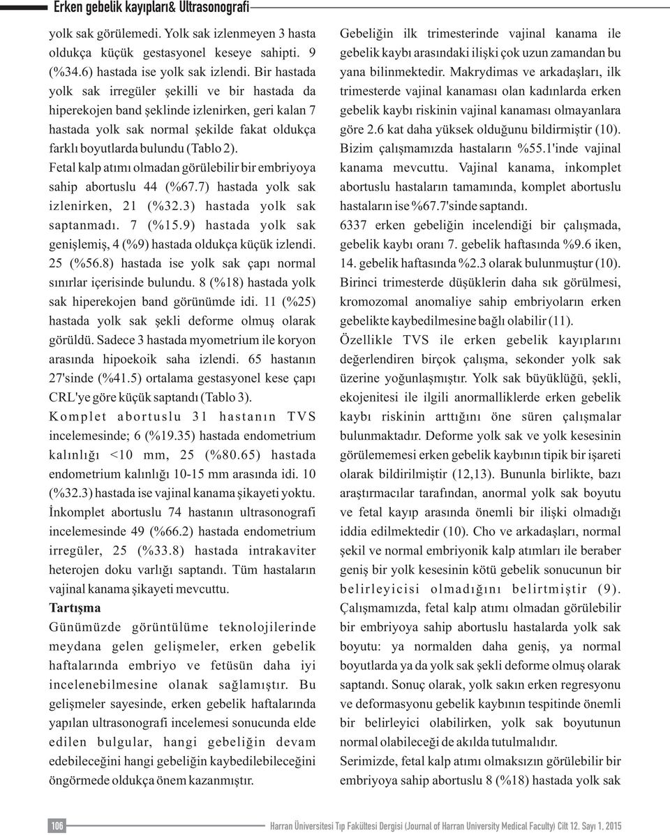 Fetal kalp atımı olmadan görülebilir bir embriyoya sahip abortuslu 44 (%67.7) hastada yolk sak izlenirken, 21 (%32.3) hastada yolk sak saptanmadı. 7 (%15.