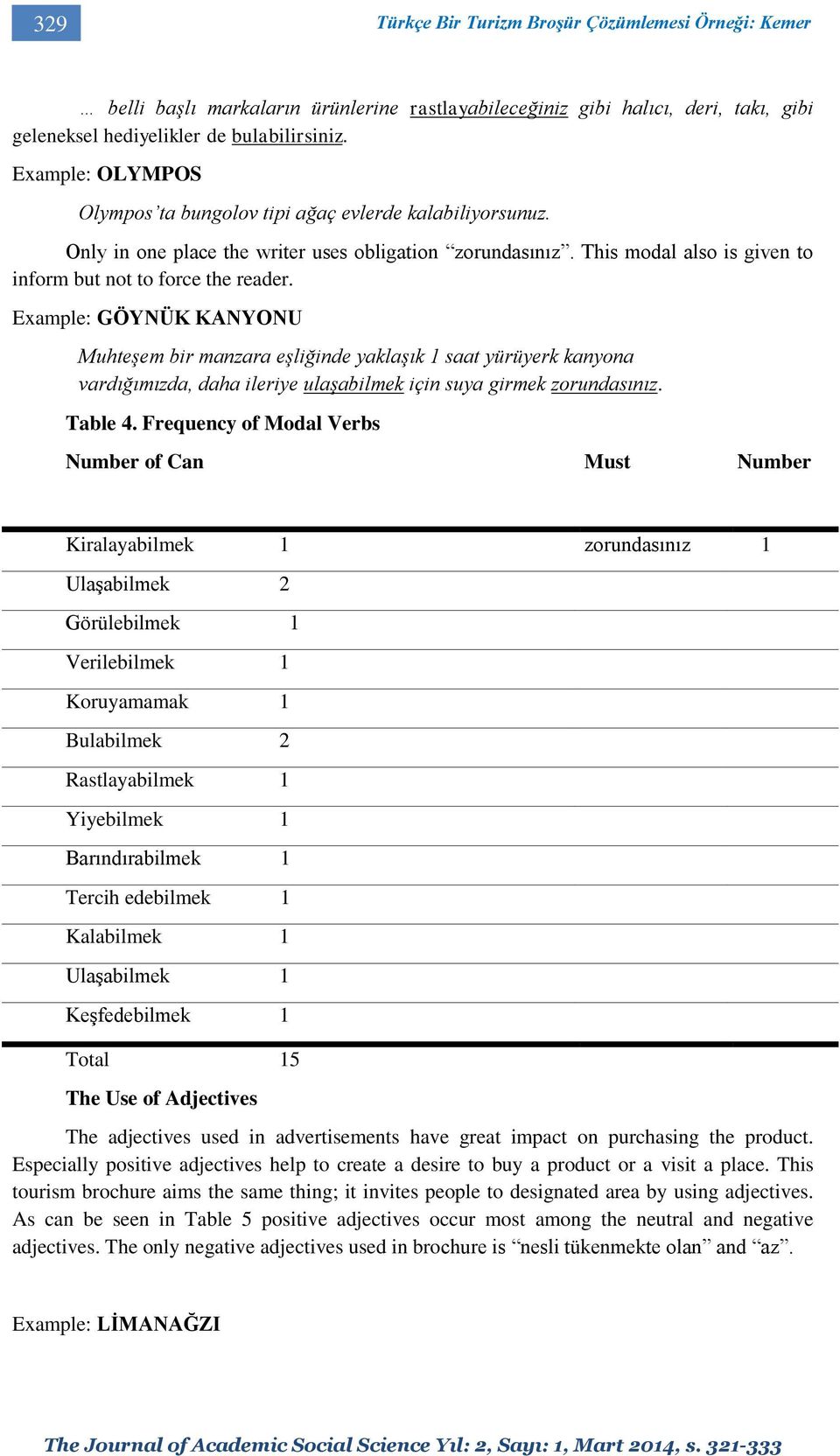 Example: GÖYNÜK KANYONU Muhteşem bir manzara eşliğinde yaklaşık 1 saat yürüyerk kanyona vardığımızda, daha ileriye ulaşabilmek için suya girmek zorundasınız. Table 4.