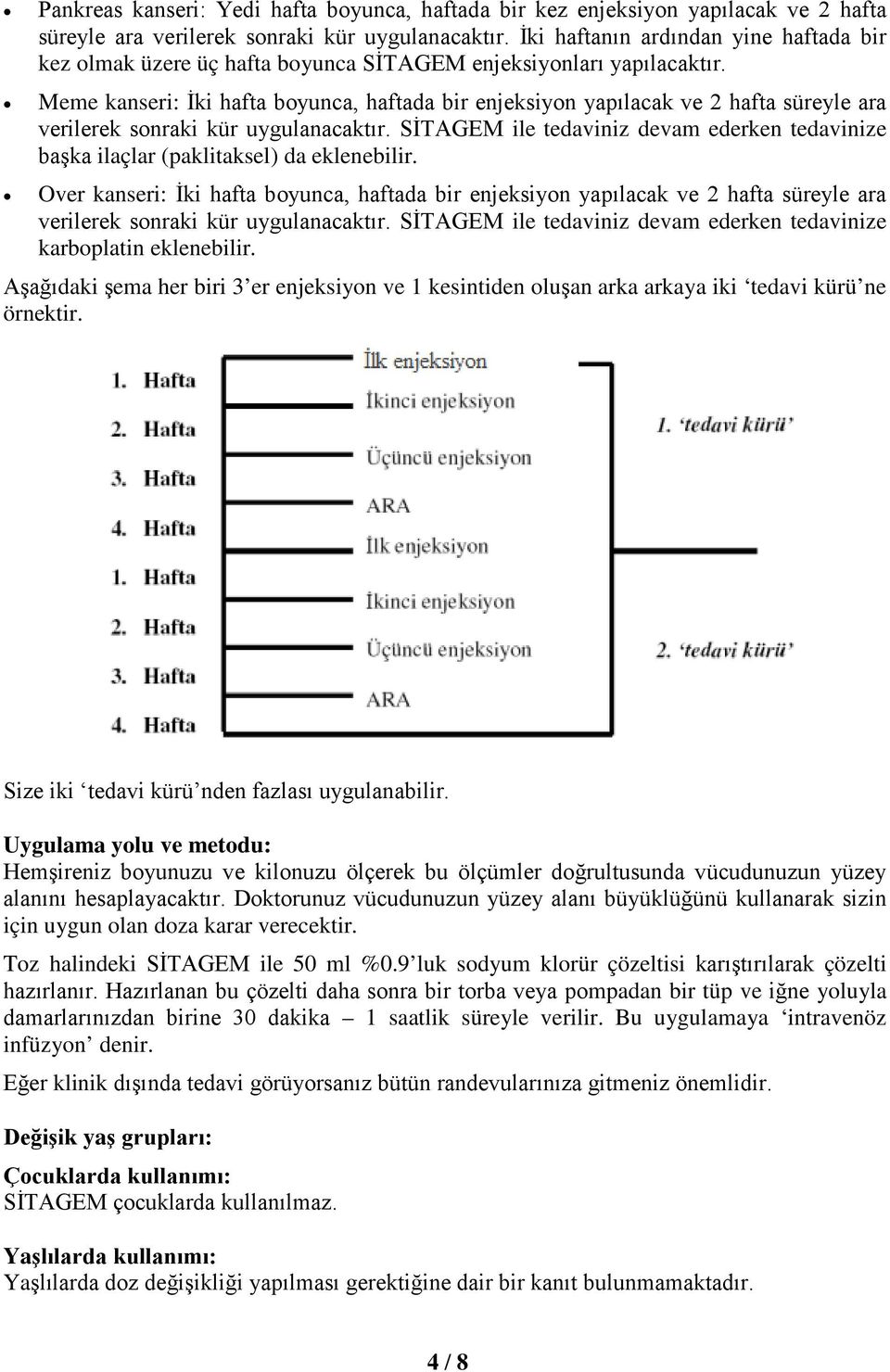 Meme kanseri: İki hafta boyunca, haftada bir enjeksiyon yapılacak ve 2 hafta süreyle ara verilerek sonraki kür uygulanacaktır.