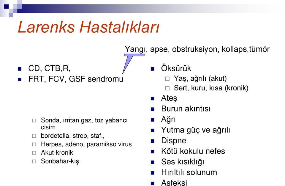 , Herpes, adeno, paramikso virus Akut-kronik Sonbahar-kış Öksürük Yaş, ağrılı (akut) Sert,