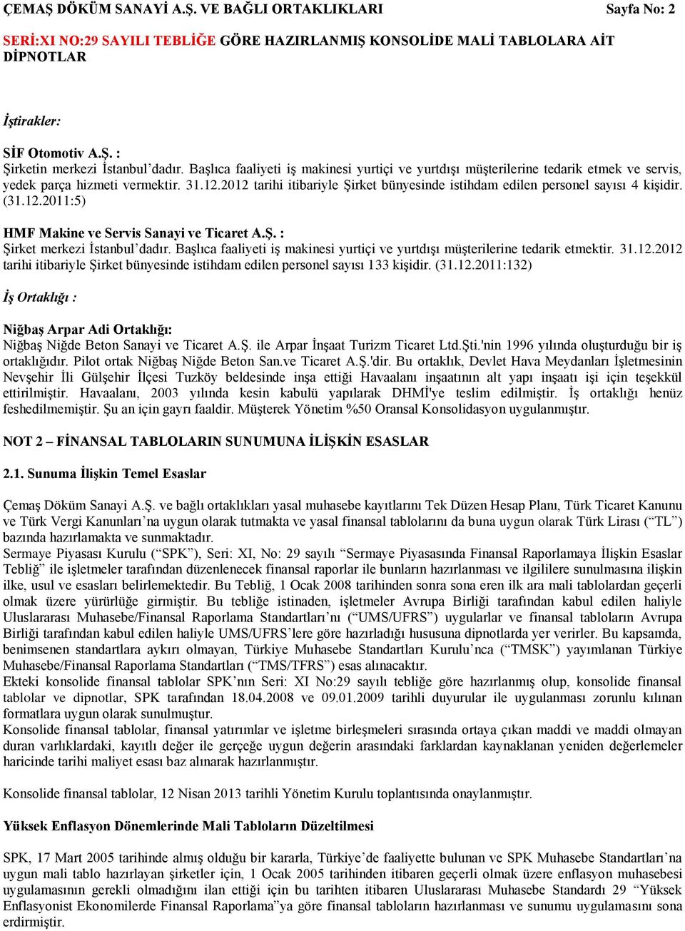 2012 tarihi itibariyle Şirket bünyesinde istihdam edilen personel sayısı 4 kişidir. (31.12.2011:5) HMF Makine ve Servis Sanayi ve Ticaret A.Ş. : Şirket merkezi İstanbul dadır.