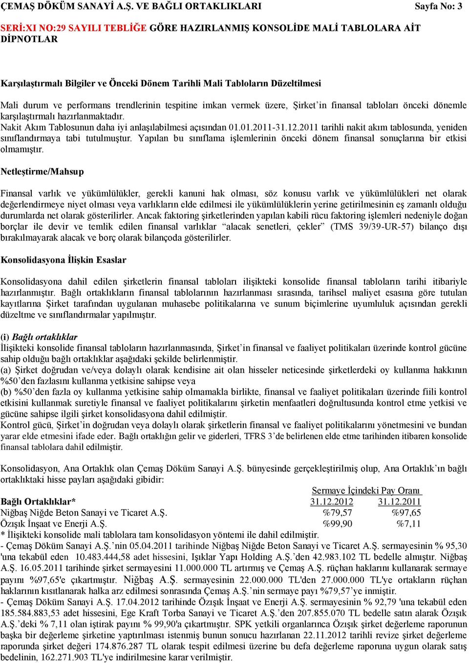 VE BAĞLI ORTAKLIKLARI Sayfa No: 3 Karşılaştırmalı Bilgiler ve Önceki Dönem Tarihli Mali Tabloların Düzeltilmesi Mali durum ve performans trendlerinin tespitine imkan vermek üzere, Şirket in finansal