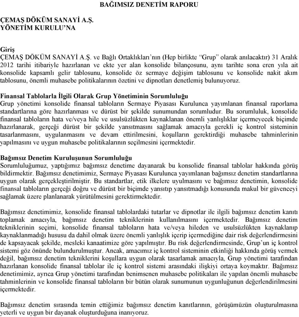 YÖNETİM KURULU NA Giriş ÇEMAŞ  ve Bağlı Ortaklıkları nın (Hep birlikte Grup olarak anılacaktır) 31 Aralık 2012 tarihi itibariyle hazırlanan ve ekte yer alan konsolide bilançosunu, aynı tarihte sona