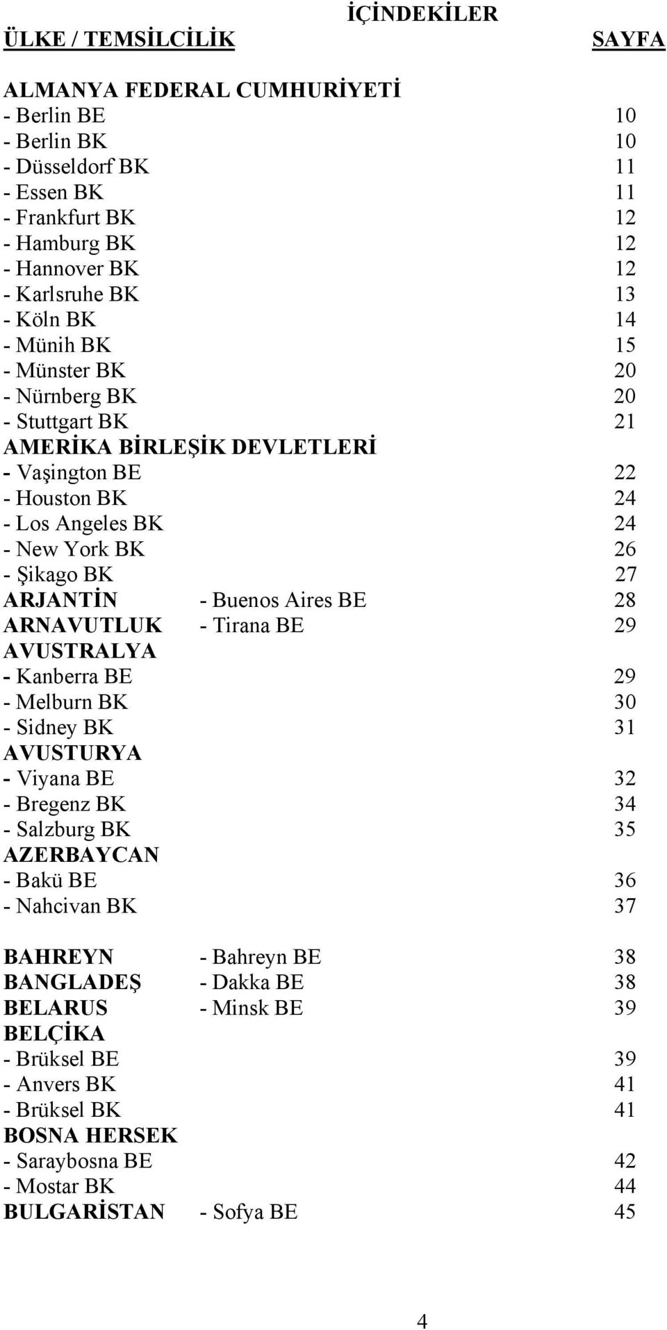 - Buenos Aires BE 28 ARNAVUTLUK - Tirana BE 29 AVUSTRALYA - Kanberra BE 29 - Melburn BK 30 - Sidney BK 31 AVUSTURYA - Viyana BE 32 - Bregenz BK 34 - Salzburg BK 35 AZERBAYCAN - Bakü BE 36 - Nahcivan