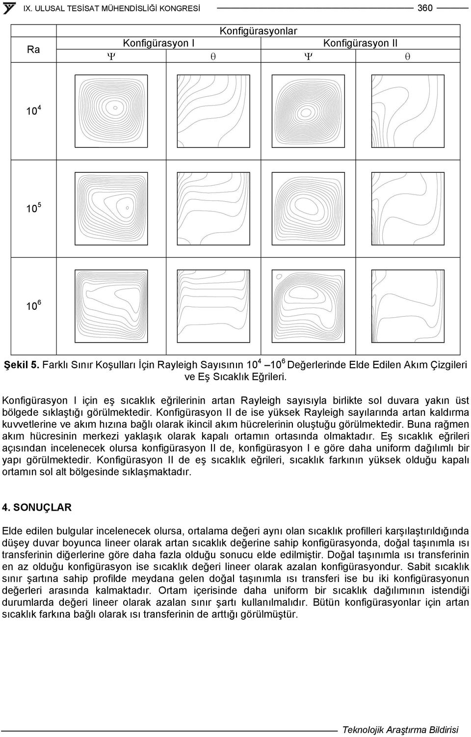 Konfigürason I için eş sıcaklık eğrilerinin artan Raleigh saısıla birlikte sol duvara akın üst bölgede sıklaştığı görülmektedir.