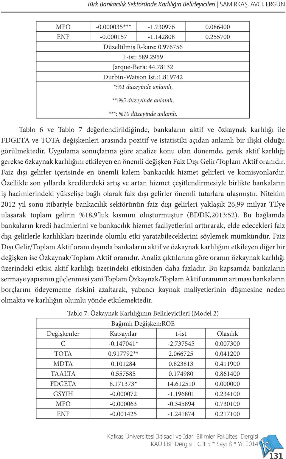 Tablo 6 ve Tablo 7 değerlendirildiğinde, bankaların aktif ve özkaynak karlılığı ile FDGETA ve TOTA değişkenleri arasında pozitif ve istatistiki açıdan anlamlı bir ilişki olduğu görülmektedir.