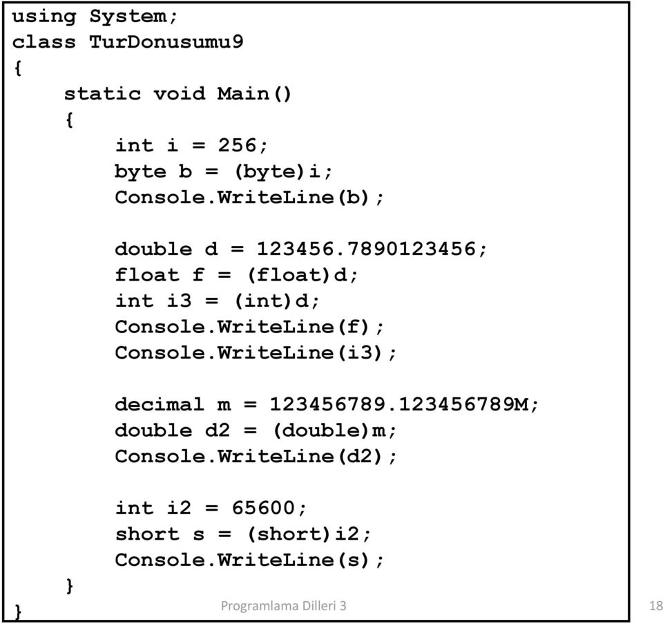 7890123456; float f = (float)d; int i3 = (int)d; Console.WriteLine(f); Console.