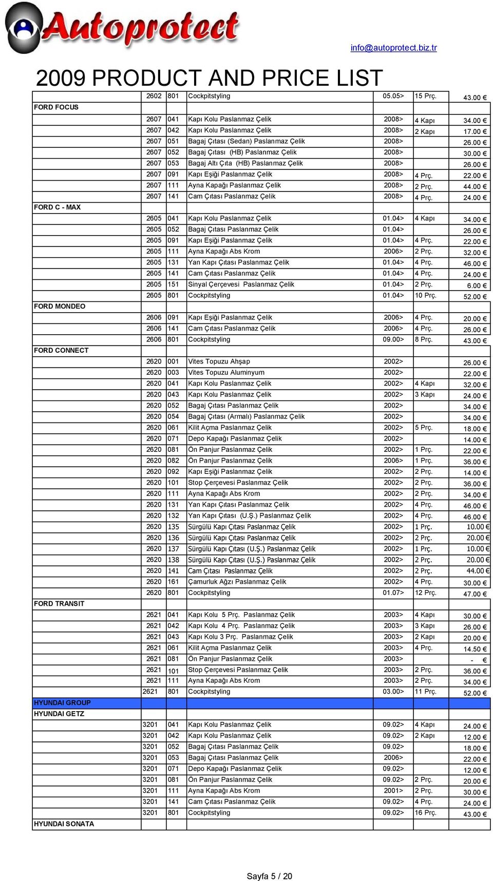 00 2607 053 Bagaj Altı Çıta (HB) Paslanmaz Çelik 2008> 26.00 2607 091 Kapı Eşiği Paslanmaz Çelik 2008> 4 Prç. 22.00 2607 111 Ayna Kapağı Paslanmaz Çelik 2008> 2 Prç. 44.