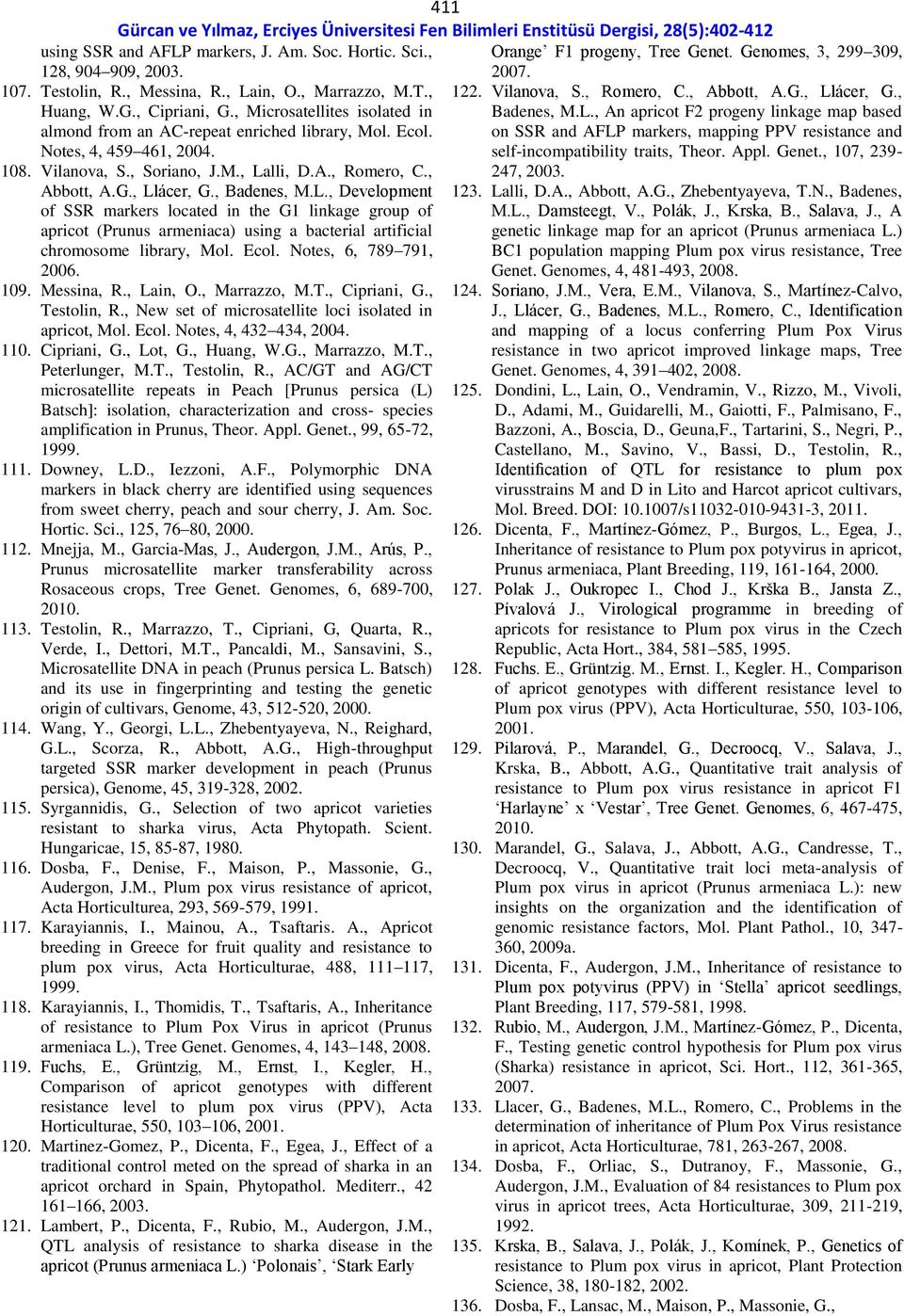 , Badenes, M.L., Development of SSR markers located in the G1 linkage group of apricot (Prunus armeniaca) using a bacterial artificial chromosome library, Mol. Ecol. Notes, 6, 789 791, 2006. 109.