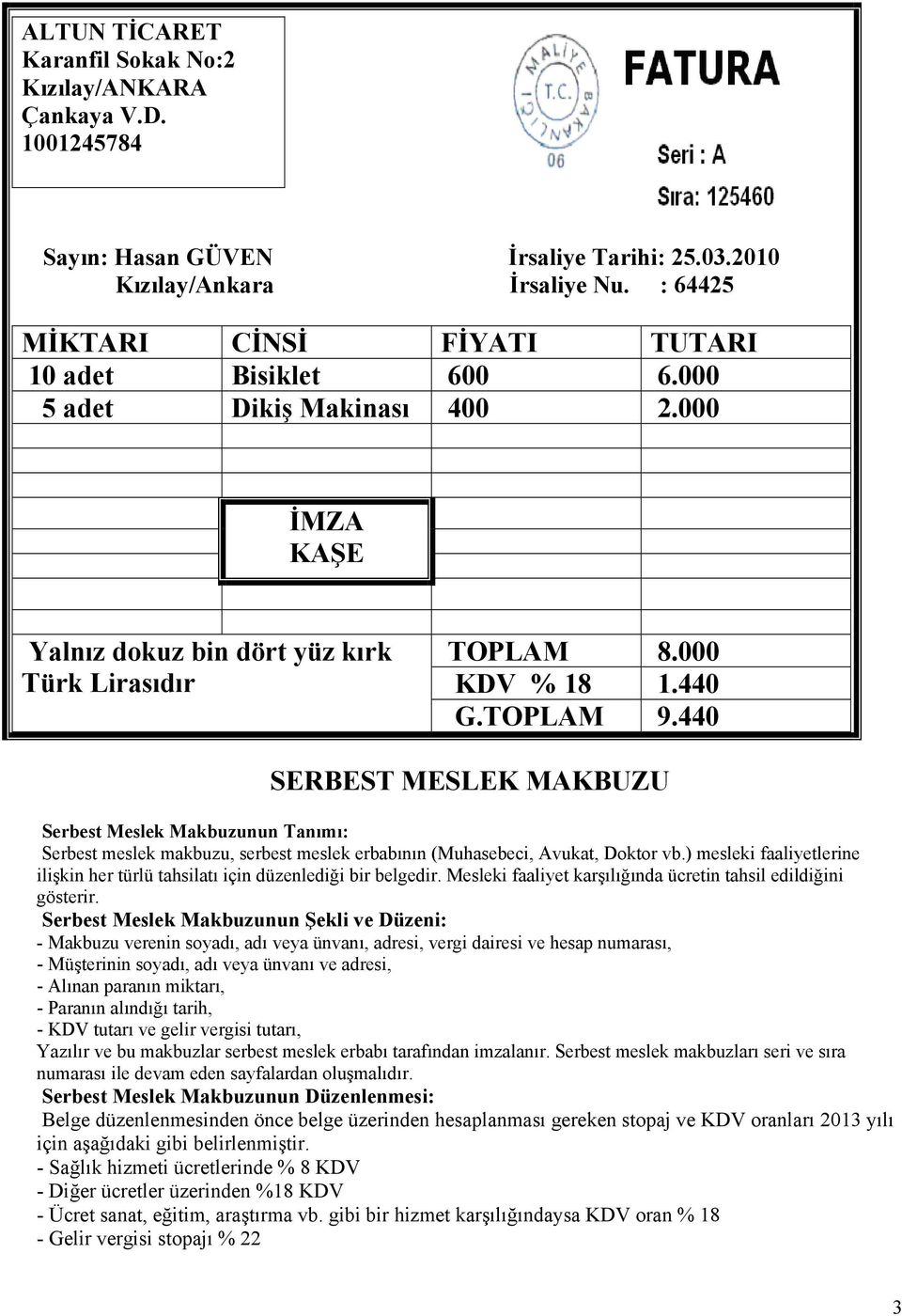 440 SERBEST MESLEK MAKBUZU Serbest Meslek Makbuzunun Tanımı: Serbest meslek makbuzu, serbest meslek erbabının (Muhasebeci, Avukat, Doktor vb.