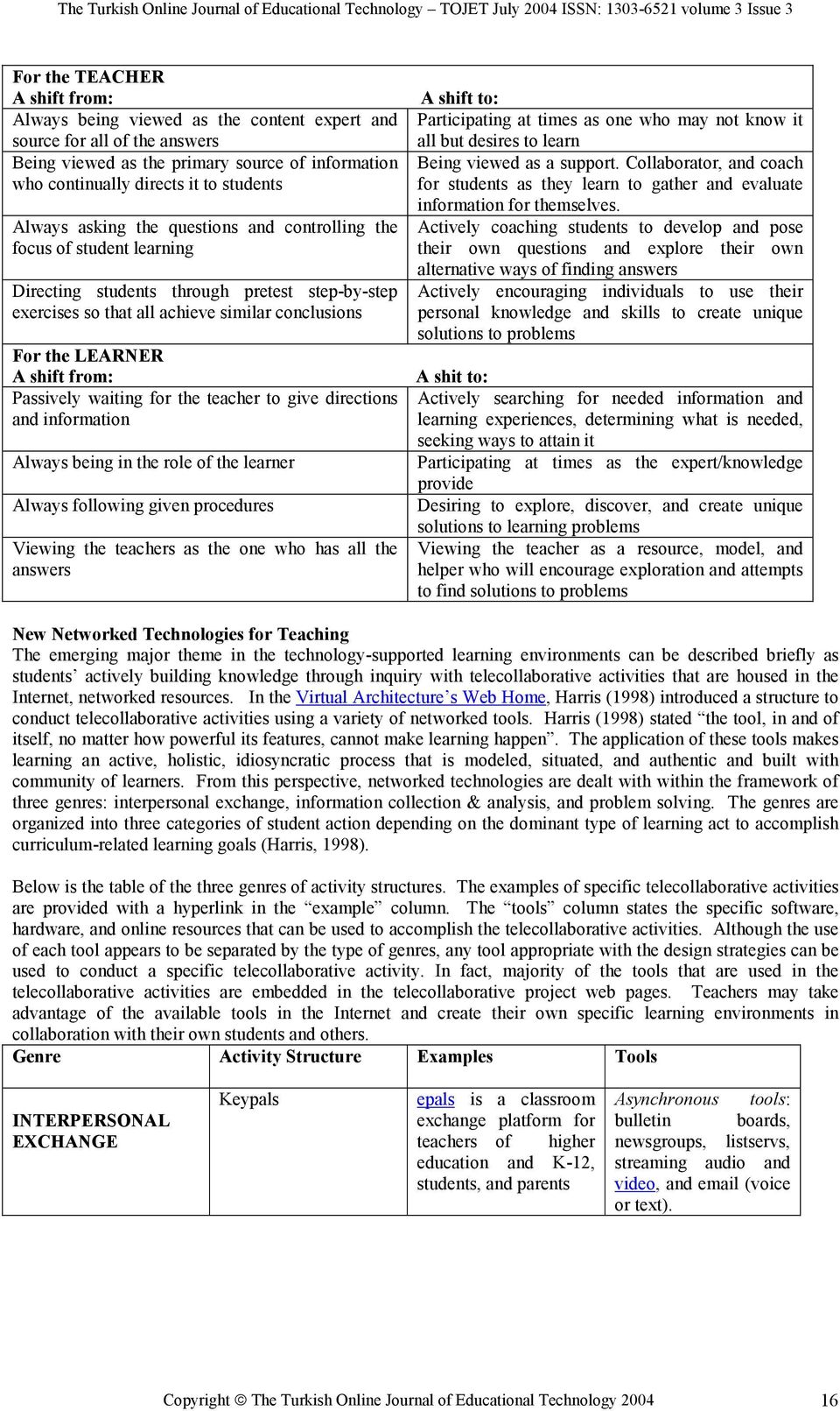 from: Passively waiting for the teacher to give directions and information Always being in the role of the learner Always following given procedures Viewing the teachers as the one who has all the