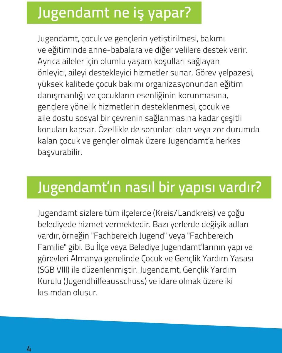 Görev yelpazesi, yüksek kalitede çocuk bakımı organizasyonundan eğitim danışmanlığı ve çocukların esenliğinin korunmasına, gençlere yönelik hizmetlerin desteklenmesi, çocuk ve aile dostu sosyal bir