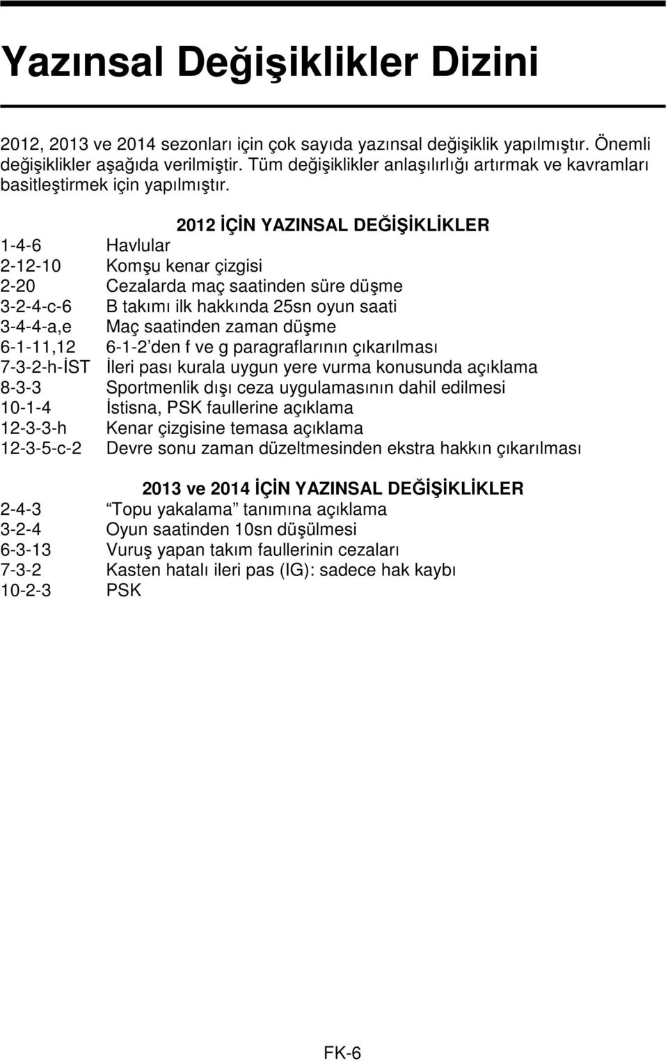 2012 İÇİN YAZINSAL DEĞİŞİKLİKLER 1-4-6 Havlular 2-12-10 Komşu kenar çizgisi 2-20 Cezalarda maç saatinden süre düşme 3-2-4-c-6 B takımı ilk hakkında 25sn oyun saati 3-4-4-a,e Maç saatinden zaman düşme