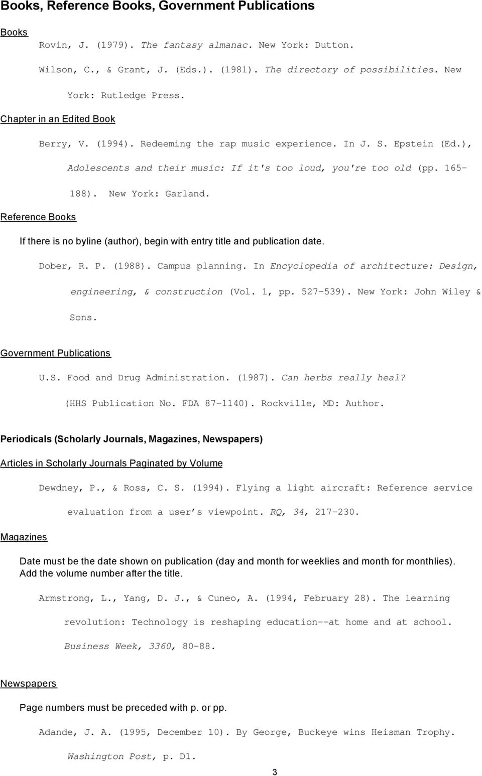 165-188). New York: Garland. Reference Books If there is no byline (author), begin with entry title and publication date. Dober, R. P. (1988). Campus planning.
